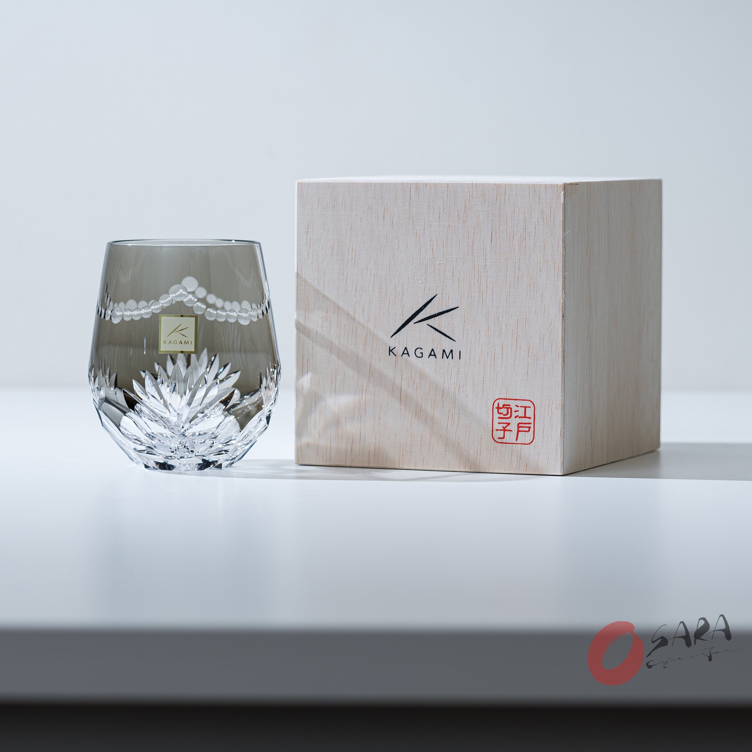 Premium KAGAMI Crystal Edo Kiriko Rock Glass - Handcrafted Japanese Cut Glass Whiskey Tumbler with Ardisia Crenata Design (Perfect for Whiskey, Cocktails & Home Bar Decor)