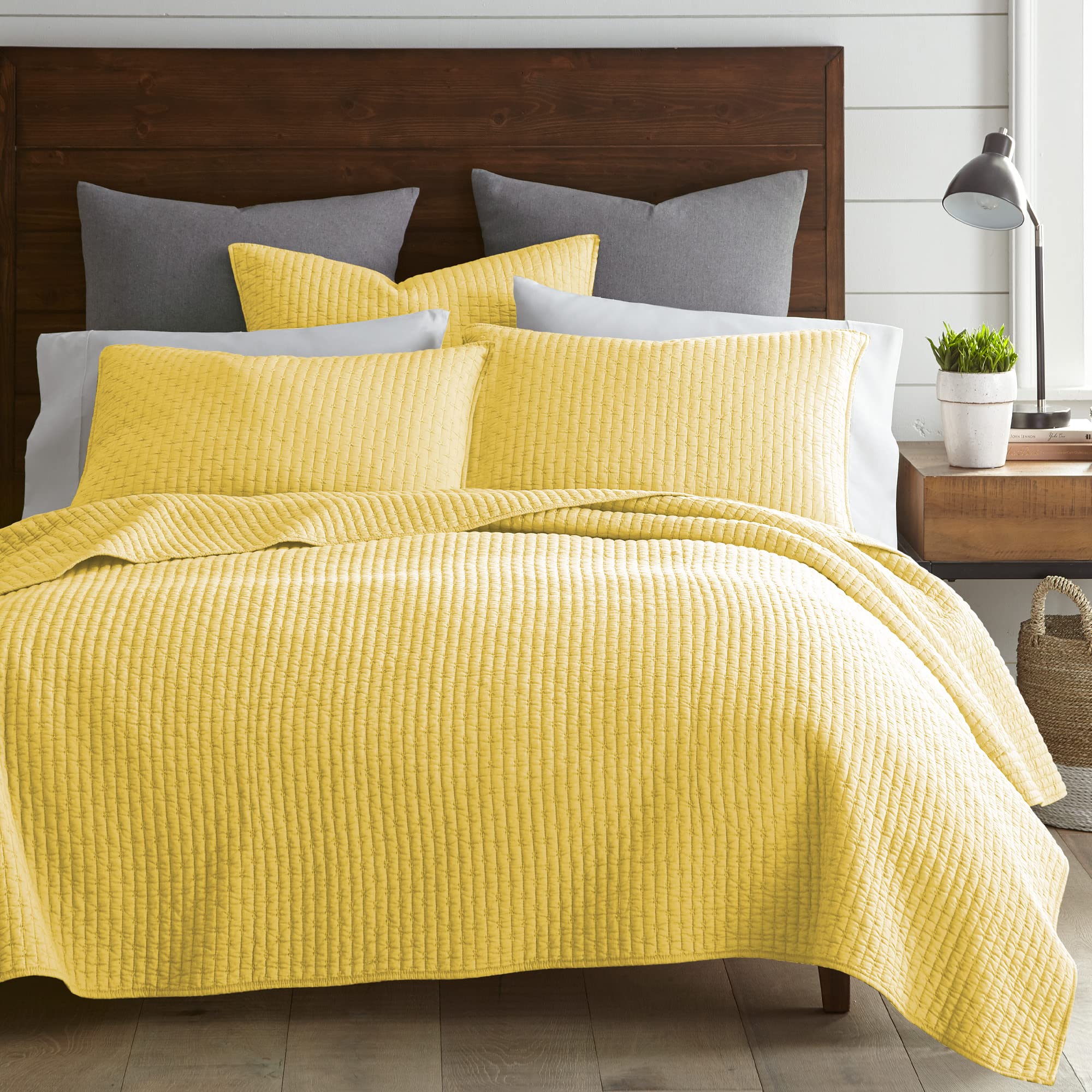 **Levtex Home - 100% Cotton Reversible Cross Stitch Yellow Quilt Set - King/Cal King Size (106x92in) + 2 King Shams (36x20in) - Soft & Breathable Cotton Fabric - Perfect for Bedroom & Guest Room Decor**