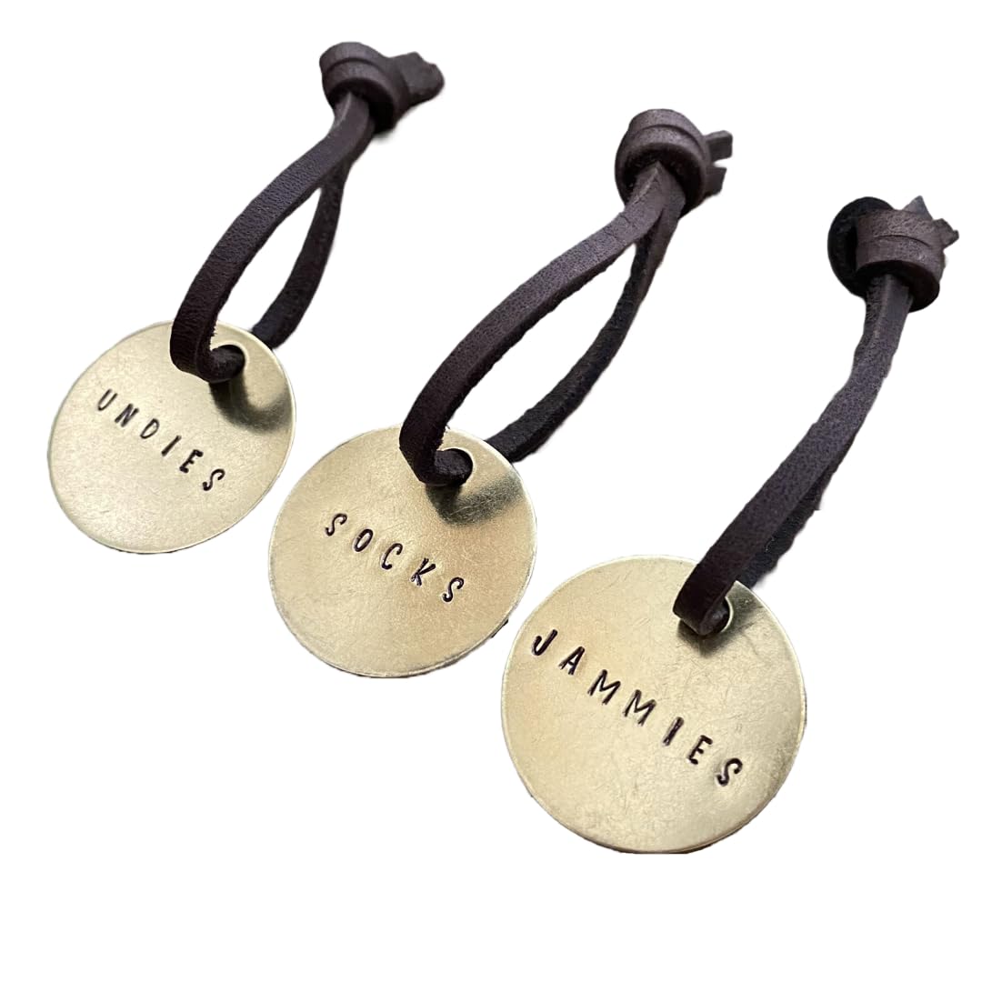 Brass Wardrobe Organization Tags - Hanging Closet Labels for Storage Baskets - Closet Organizer for Socks, Underwear, Pajamas, Shorts, Pants & Shirts - Perfect for Bedroom, Closet & Laundry Room Organization