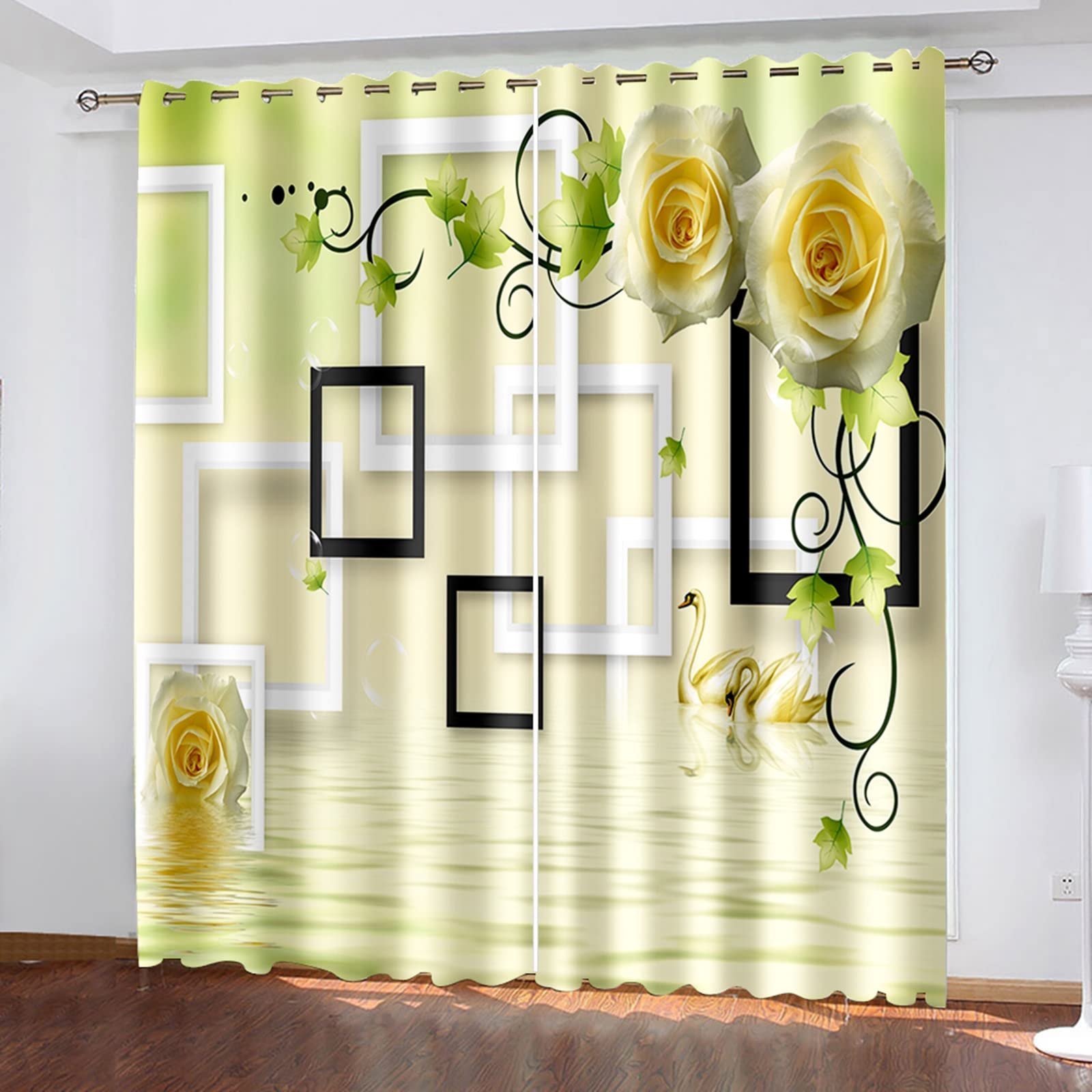 Eco-Friendly Green Kitchen Curtains - Blackout Travel Curtains with Rose Swan Design, 84