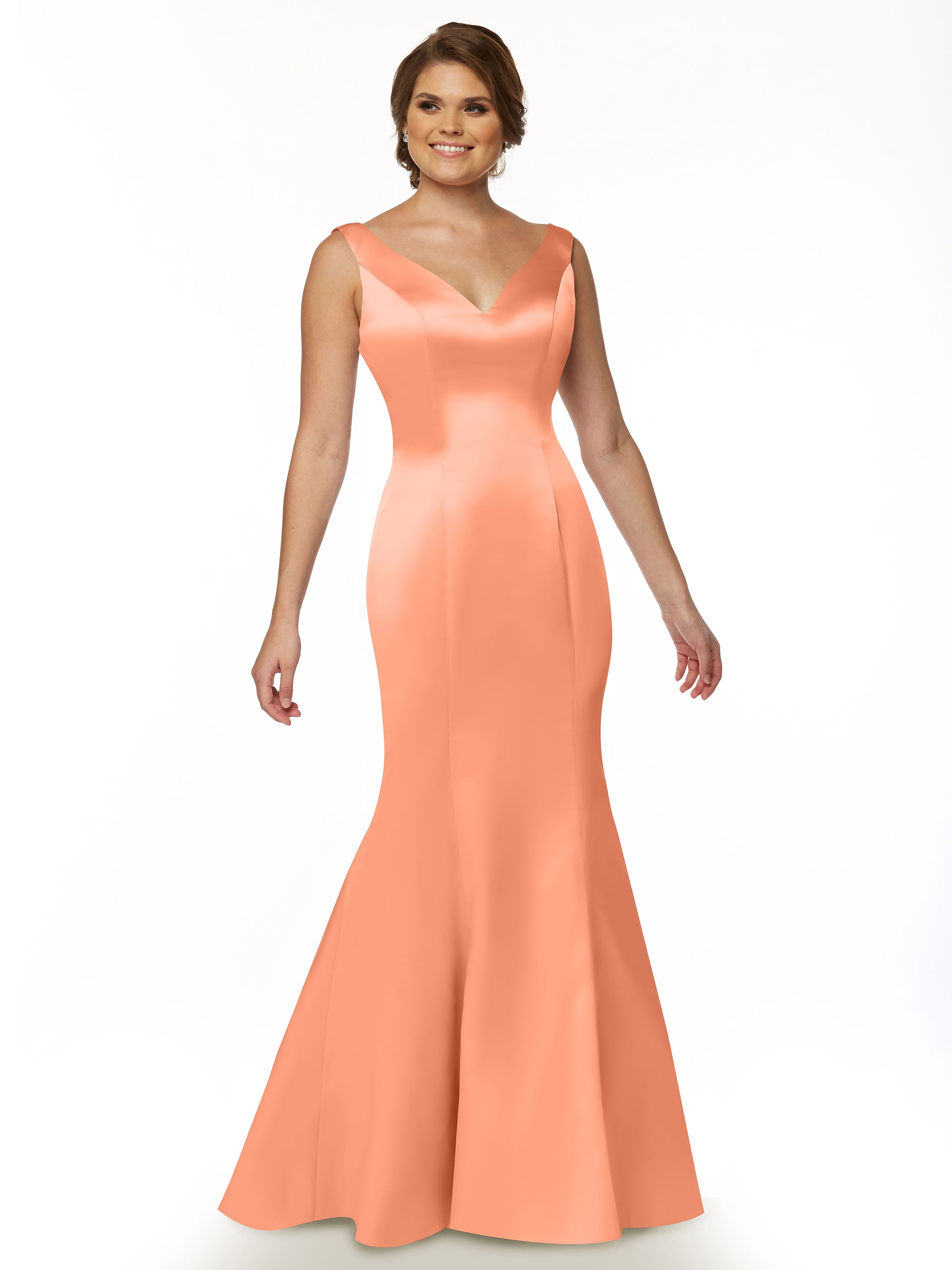Elegant 80078 Fit and Flare Satin Bridesmaid Dress with V-Neckline & Ruffled Back - Perfect for Weddings, Proms, and Formal Events