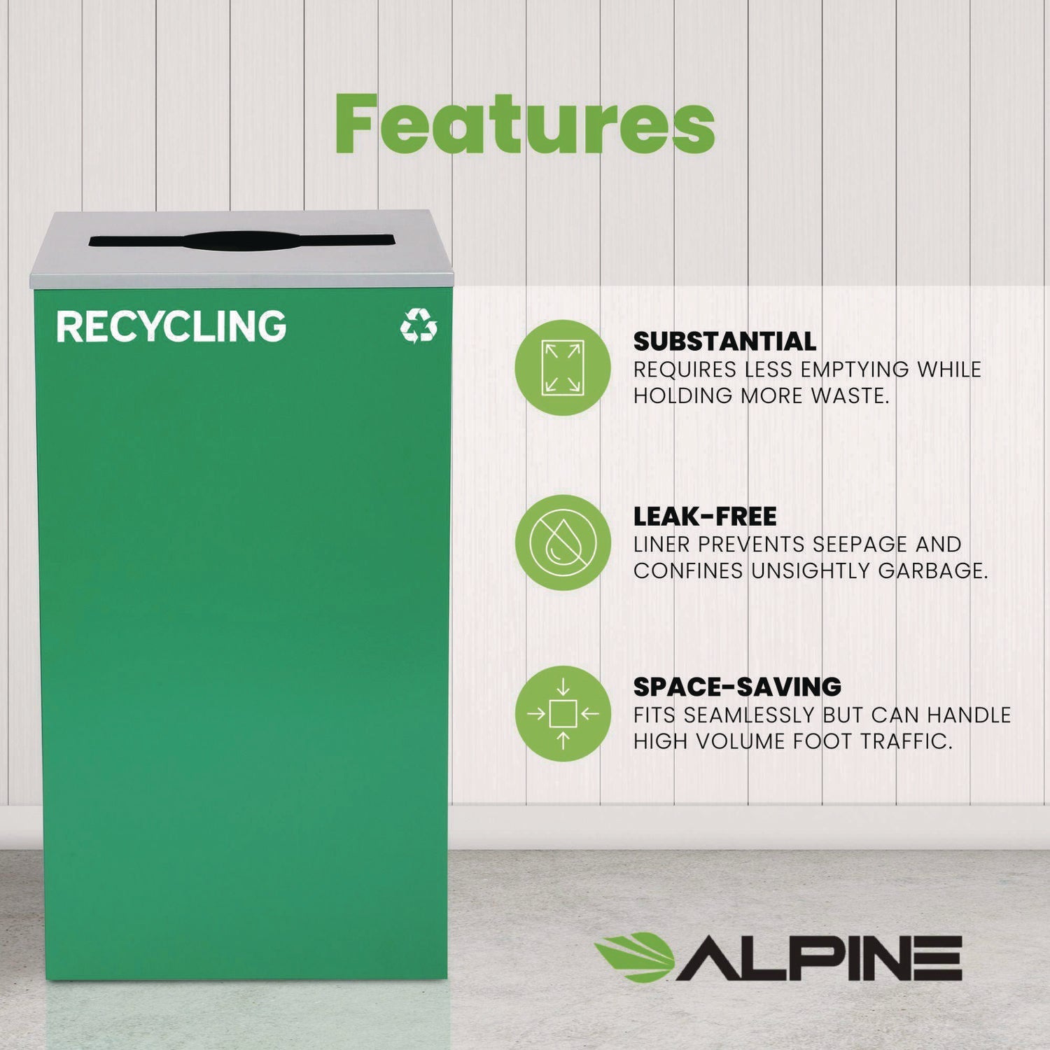 Alpine Industries 29 Gallon Steel Trash & Recycling Bin with Mixed Lid - Heavy Duty Green Waste Container for Kitchen, Office & Outdoor Use