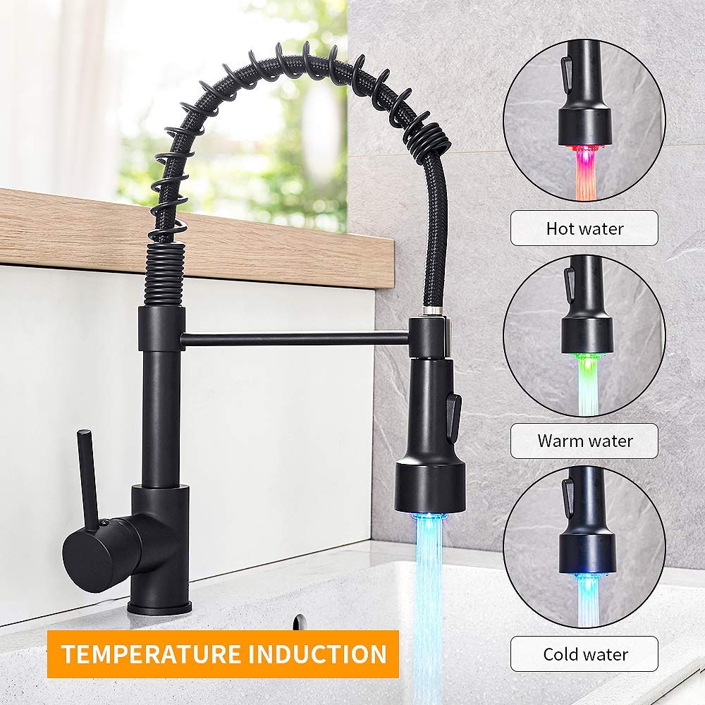 OWOFAN Matte Black LED Light Pull Down Kitchen Sink Faucet with RO Water Filter Faucet Bundle - Modern Touchless Sprayer for Easy Dishwashing & Water Filtration in Home Kitchen