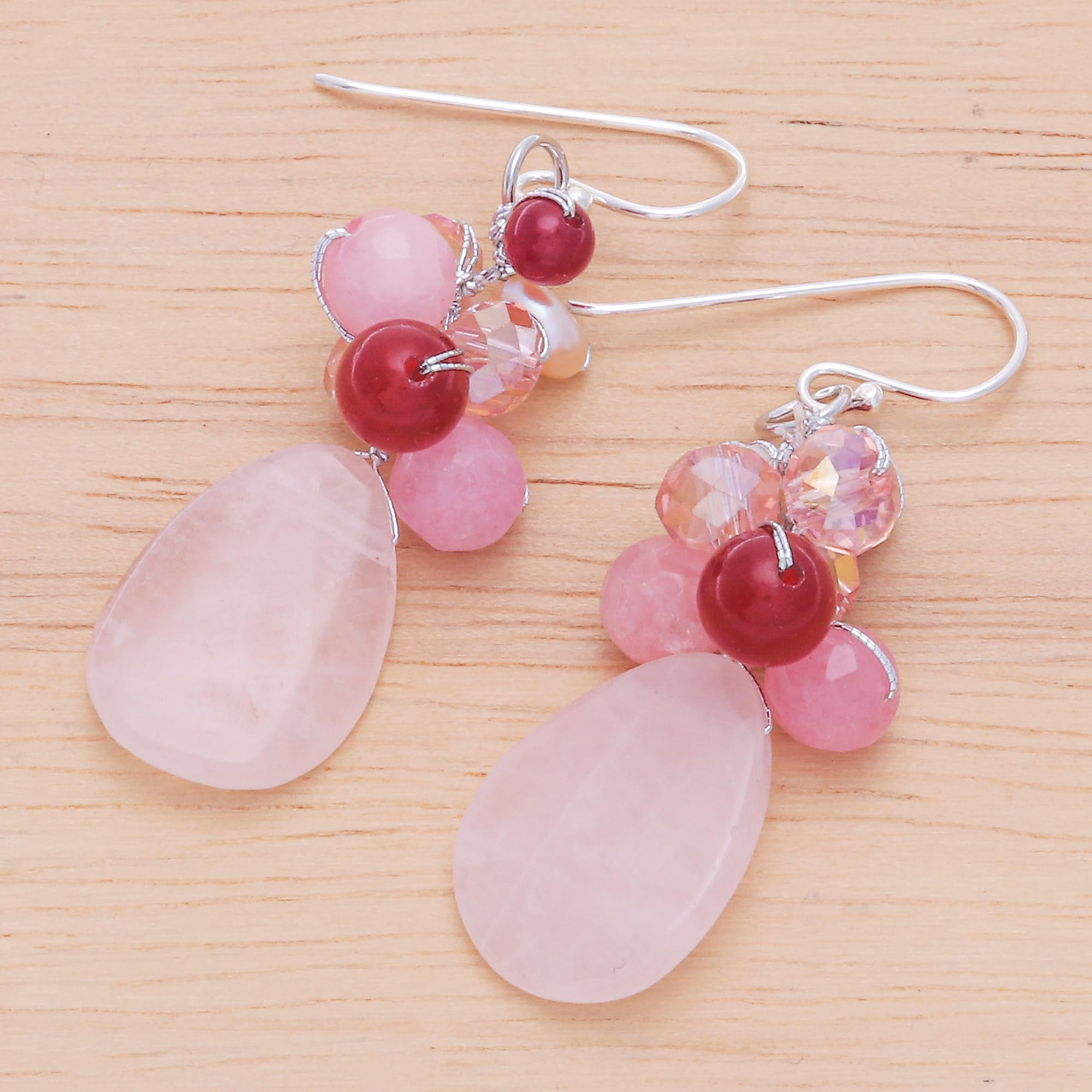 NOVICA Handmade Rose Quartz Earrings - Sterling Silver Plated Glass Bead Dangle Earrings with Pink Beaded Accents, 1.7 Inch Drop Length | Perfect for Valentine's Day Gifts, Birthday Jewelry & Boho Fashion Accessories