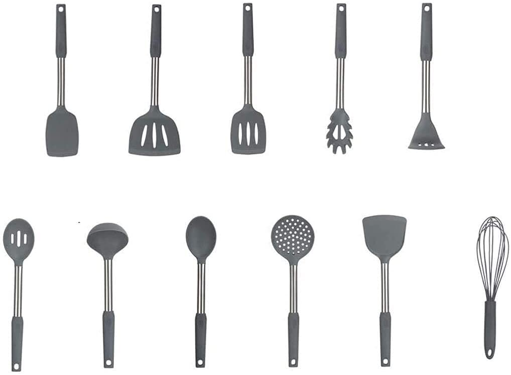 XUERUIGANG 11-Piece Non-Stick Silicone Kitchen Utensil Set with Stainless Steel Handles - Spatula, Whisk, Spoon for Cooking, Baking & Frying - Heat Resistant & Scratch Proof Grey Utensils for Nonstick Pans