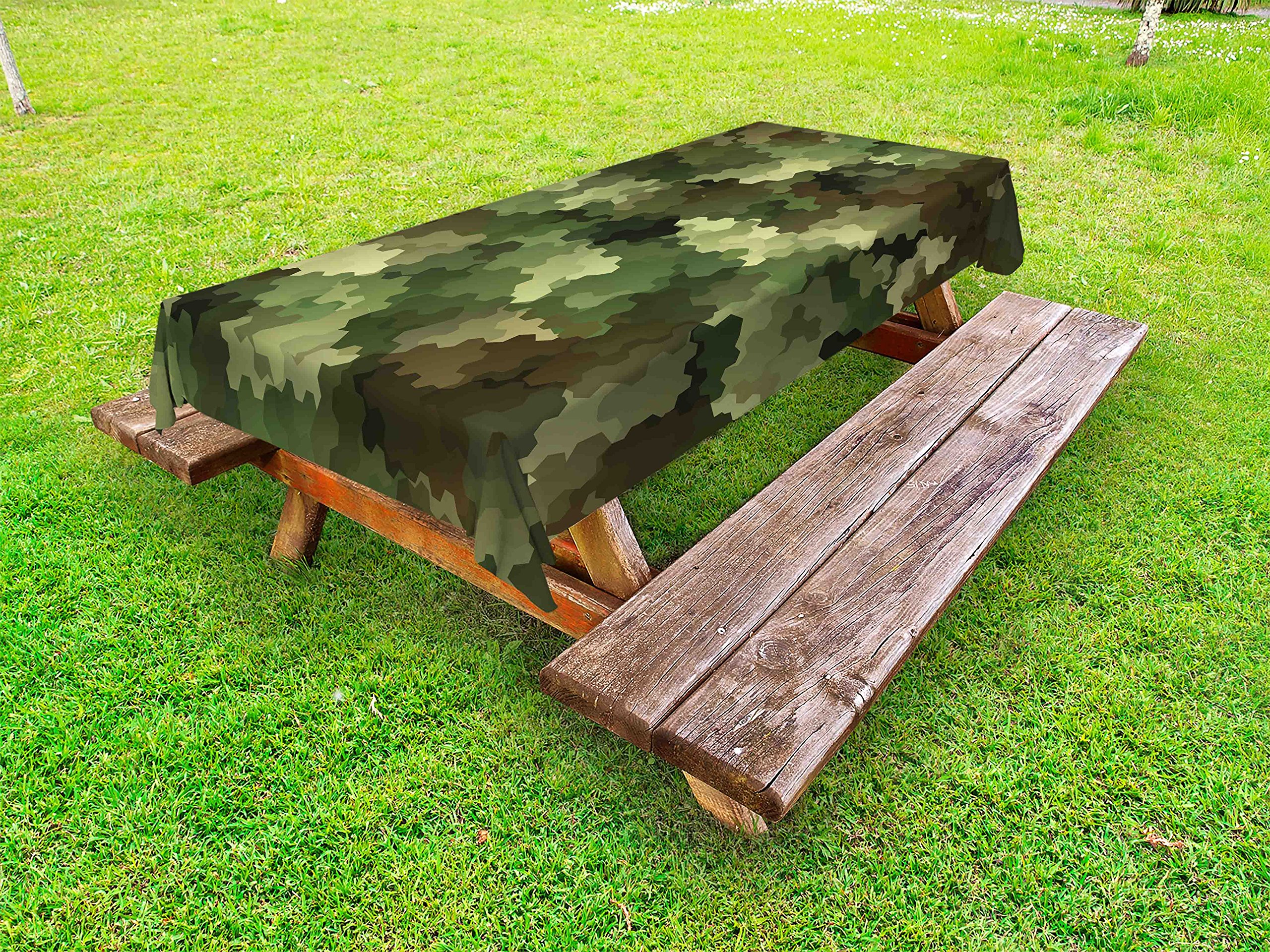 Ambesonne Camouflage Outdoor Tablecloth - Frosted Glass Hexagon Abstract Woodland Print, Washable Picnic Table Cover 58x120 Inches, Green Pale Green & Brown - Perfect for Camping, BBQs, and Outdoor Dining