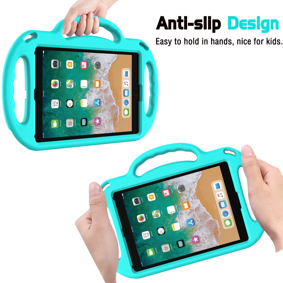 AVAWO Shockproof Kids iPad Case for iPad 6th Gen/5th Gen 9.7 inch & iPad Air 2 - Durable Protective Cover with Shoulder Strap & Handle Stand, Turquoise - Perfect for School, Travel & Home Learning