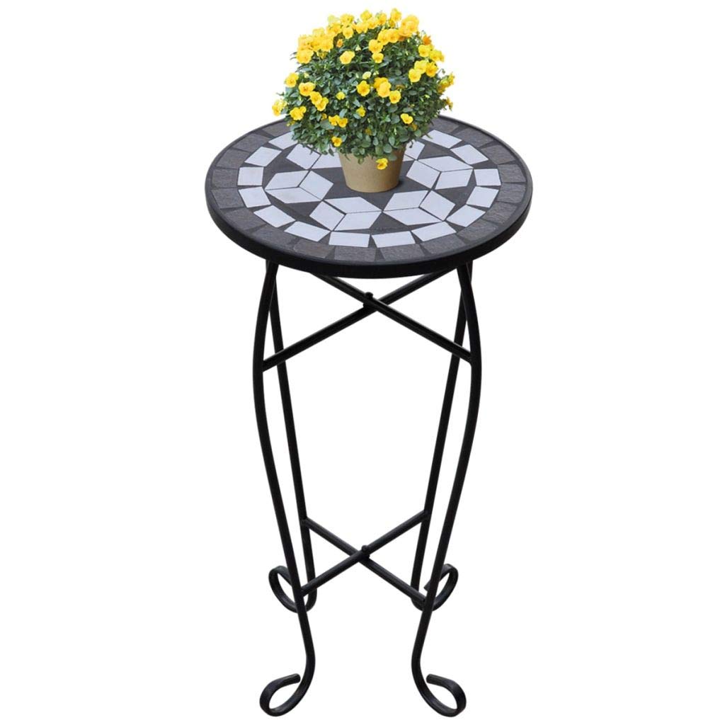 Round Ceramic Tile Plant Stand - Indoor/Outdoor Accent Table for Sofa, Couch & Patio - Black & White Home Garden Furniture for Living Room, Balcony & Deck Decor