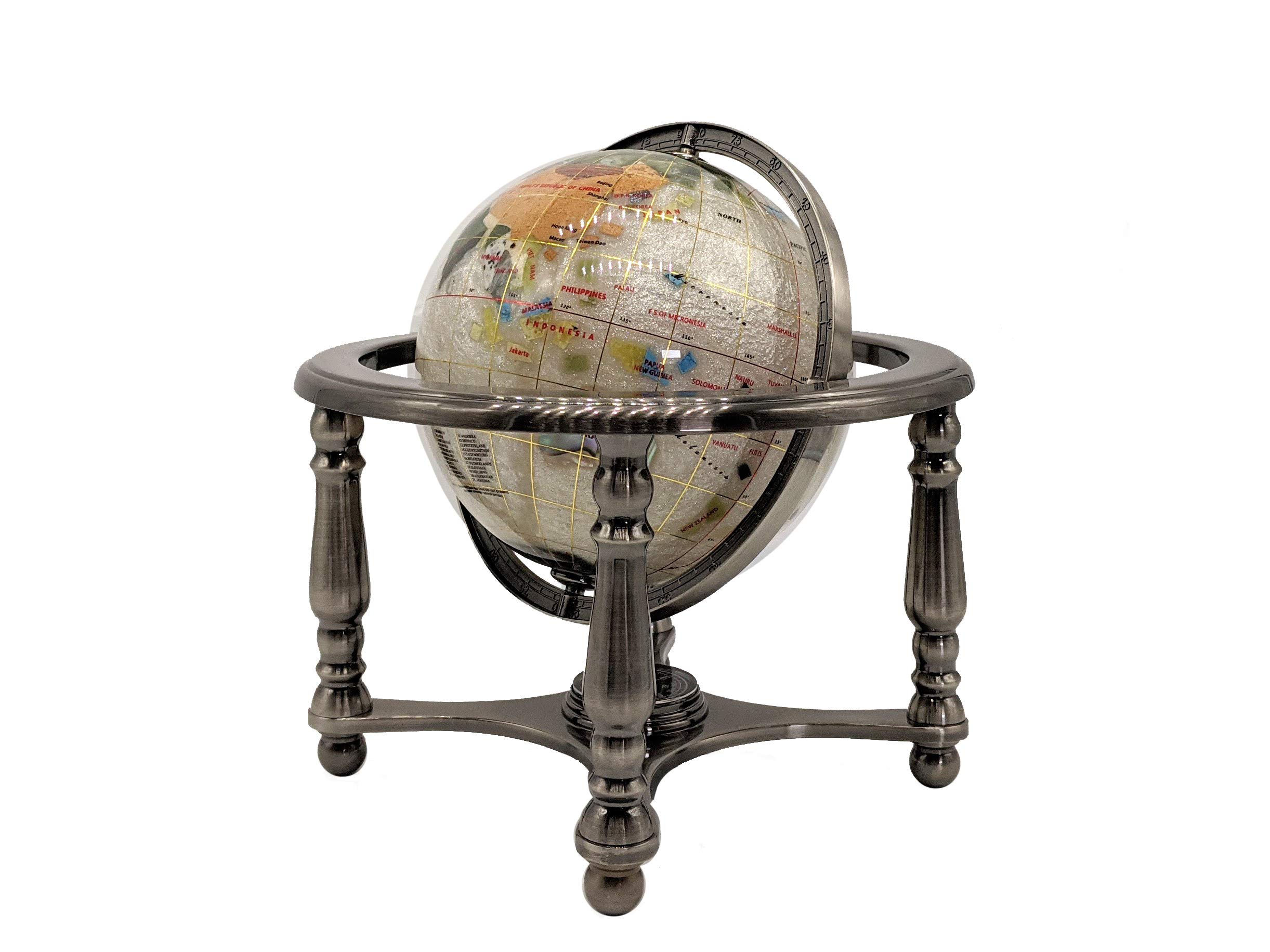 10-Inch Pearl Swirl Ocean Gemstone World Globe with Silver Stand - Unique Art Decor for Home, Office & Gift Giving