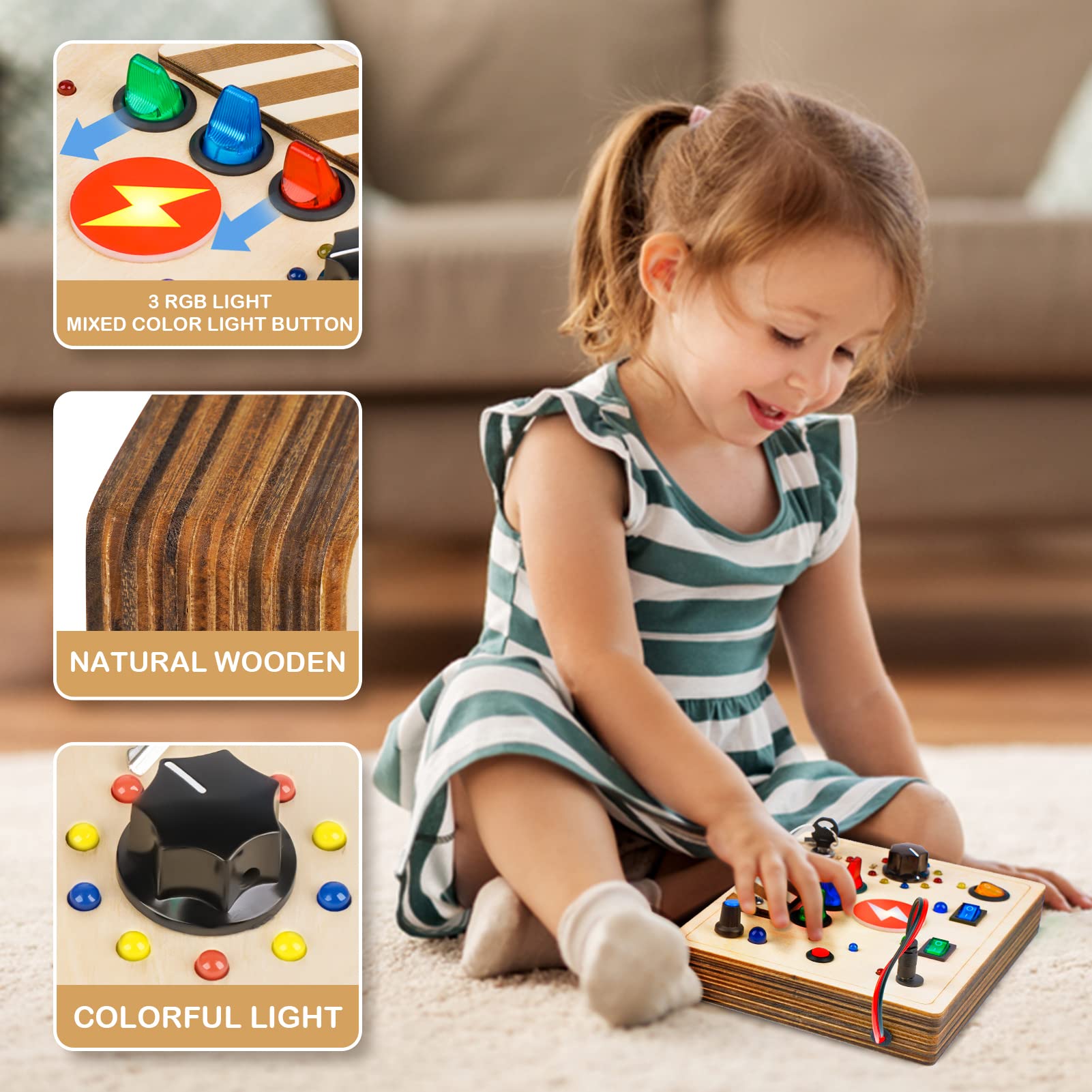 Montessori Busy Board Sensory Toys for Toddlers - LED Light Up Switch, Educational Learning Fidget Travel Toys for Boys & Girls - Perfect for Airplane, Car Rides & Home Playtime