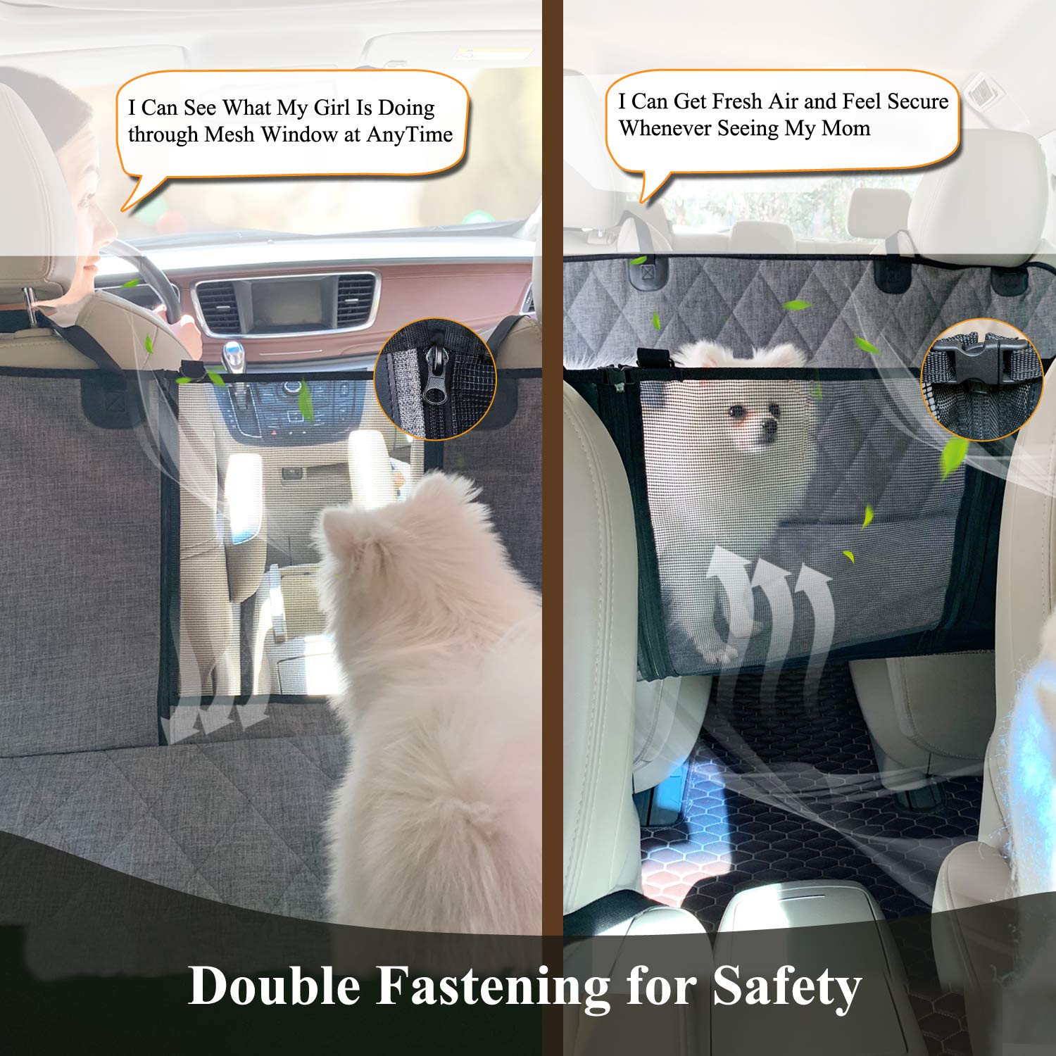 VIVAGLORY Waterproof Dog Car Seat Cover with Mesh Window - Non-Slip Hammock Style Pet Seat Protector for Back Seat & Trunk, Convertible Bench Cover with Extra Straps & Buckles (Heather Black) - Perfect for Road Trips, Vet Visits & Outdoor Adventures