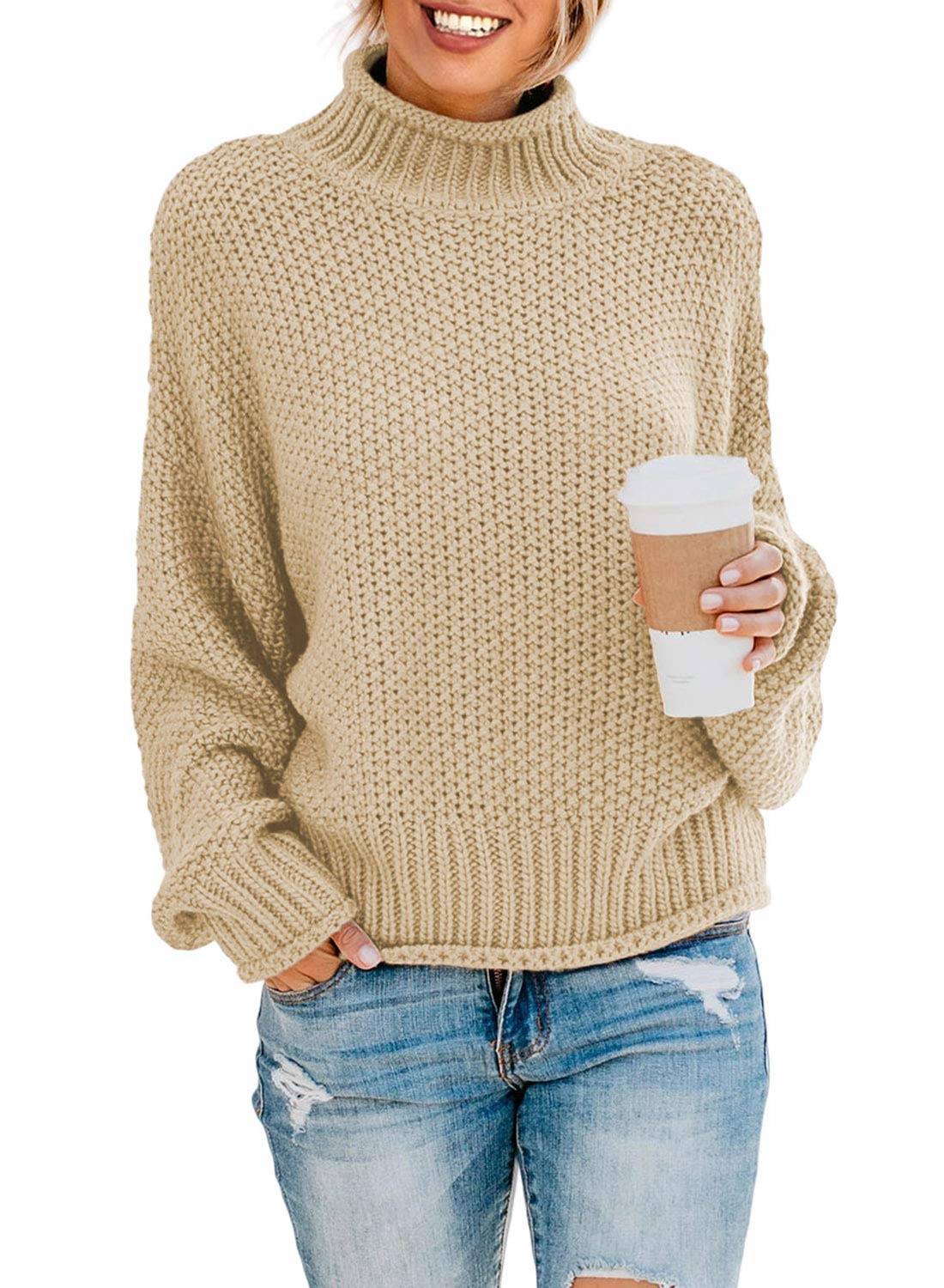 Dokotoo Women's 2024 Winter Fall Solid Color Turtleneck High Neck Balloon Sleeve Long Sleeve Sweater Pullover Top - Cozy Casual Wear for Office, Dating & Holiday Outfits
