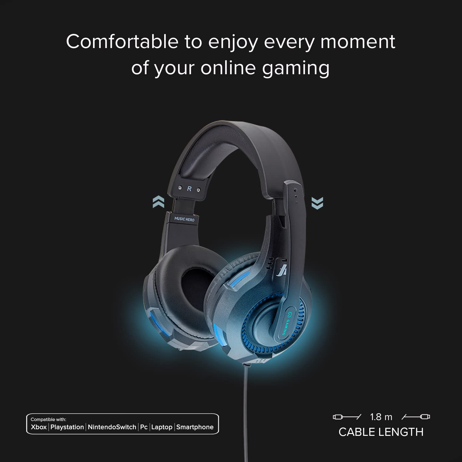 Music Hero Buster Wired Gaming Headset with 1.8m Cable, RGB Lights & Adjustable Mic - 3.5mm Jack for PS5, PS4, Xbox, Nintendo Switch, PC, Laptop, Tablet, Smartphone - Perfect for Gaming, Streaming & Online Classes