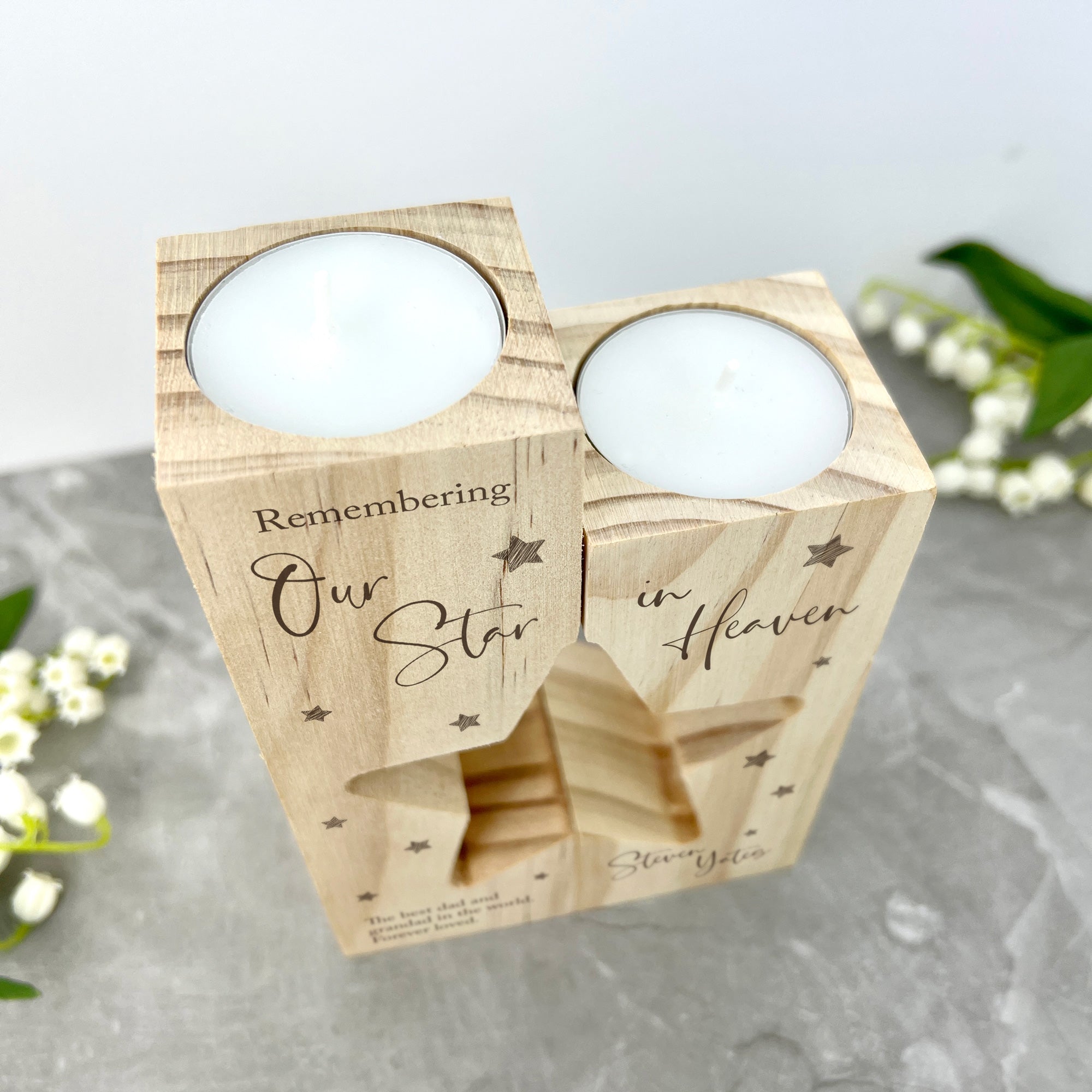 Personalized Solid Wood Memorial Star Tea Light Holders - Handcrafted Wooden Candle Holder for Memorial, Wedding, Home Decor & Special Occasions