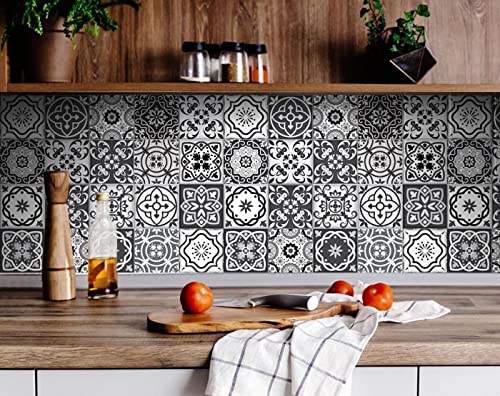 HomeRoots Vinyl 4x4 Inch Black Mosaic Peel and Stick Removable Wall Tiles - Perfect for Kitchen Backsplash, Bathroom Decor & Home Renovation