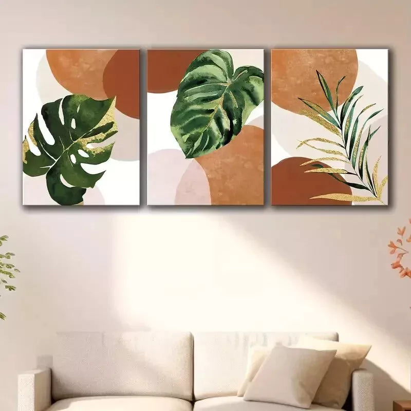3-Piece Green and Golden Leaf Mid Century Modern Wall Art Set - Framed Canvas Prints 50x70cm - High Quality Australian Made Wall Decor - Perfect for Living Room, Bedroom & Office Decor