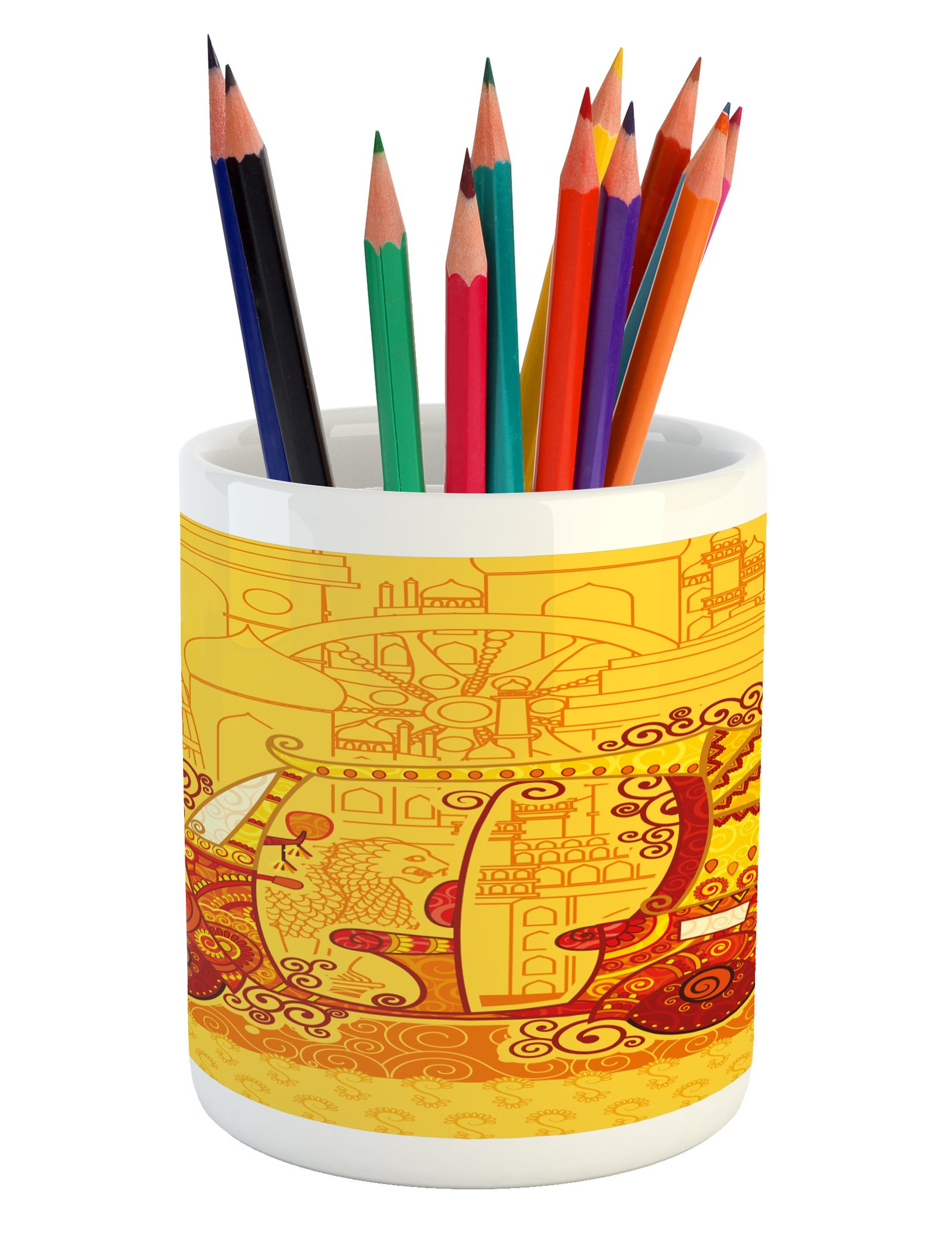 Lunarable Ethnic Auto Rickshaw Ceramic Pen Holder - Traditional Indian Culture Artwork Desk Organizer for Office & Home (Marigold & Red) | Perfect Gift for Writers, Students & Professionals