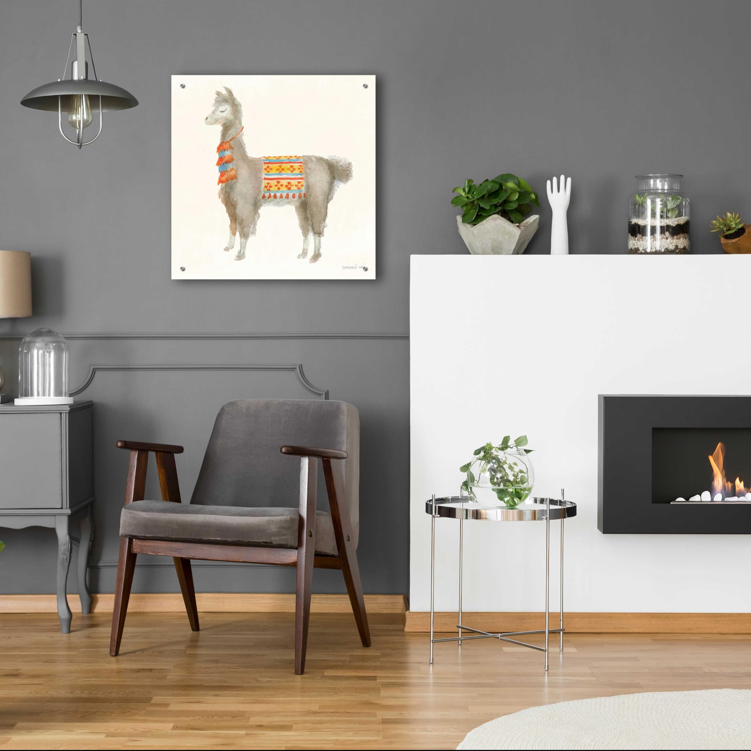 Festive Llama II Wall Art by Danhui Nai - 24x24 Inch Acrylic Glass Canvas Painting - Modern Home Decor for Living Room, Bedroom & Office