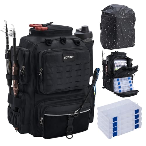A:Black Fishing Backpack with 4 Tackle Box