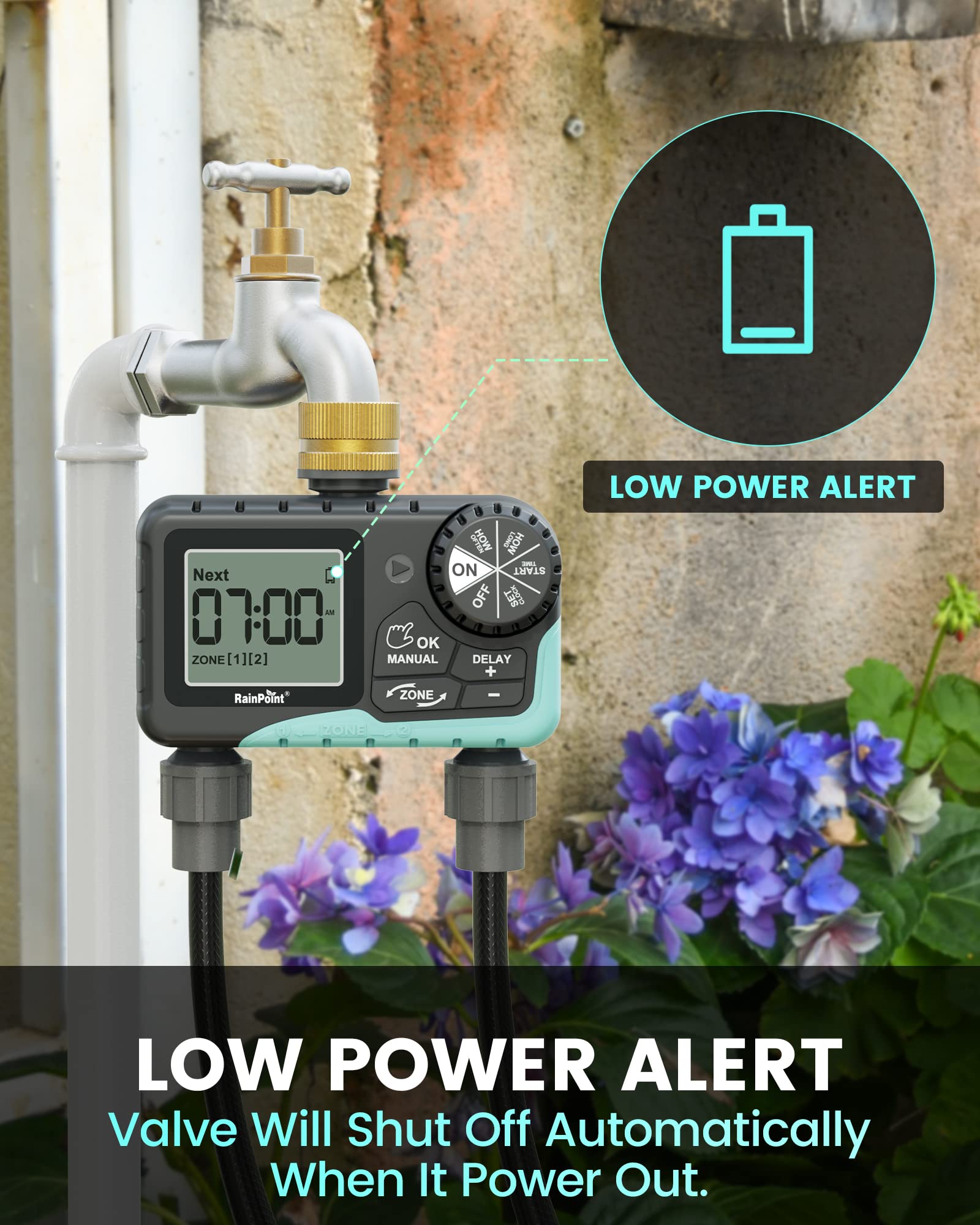 RAINPOINT Smart Sprinkler Timer 2 Outlet - Automatic Water Timer for Garden Hose & Drip Irrigation System, Outdoor Yard Watering Controller with Rain Delay & Manual Modes (Brass Inlet V2) - Perfect for Lawn, Flower Beds & Vegetable Gardens