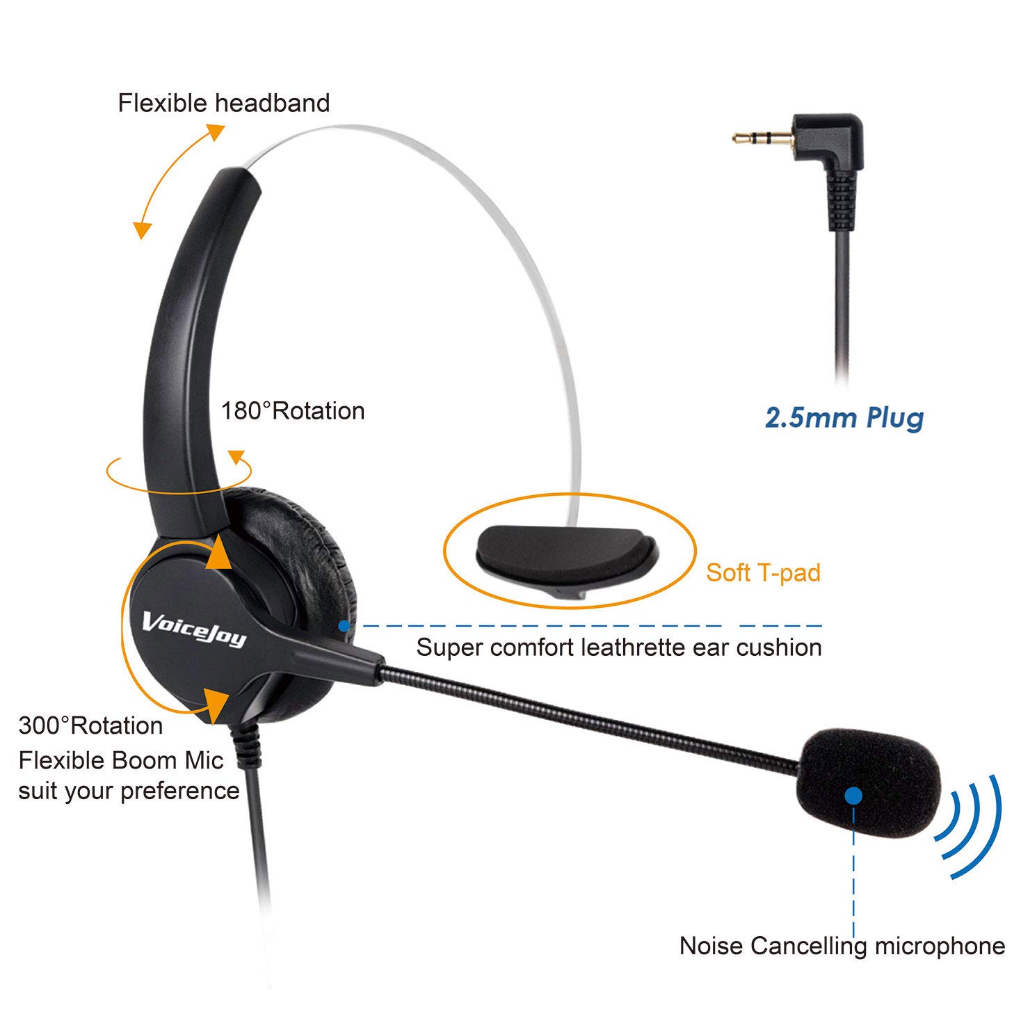 Adjustable Volume & Mute Switch 2.5mm Headset for Cisco, Linksys, Grandstream & Polycom Desk Phones - Perfect for Call Centers, Office Communications & Customer Service