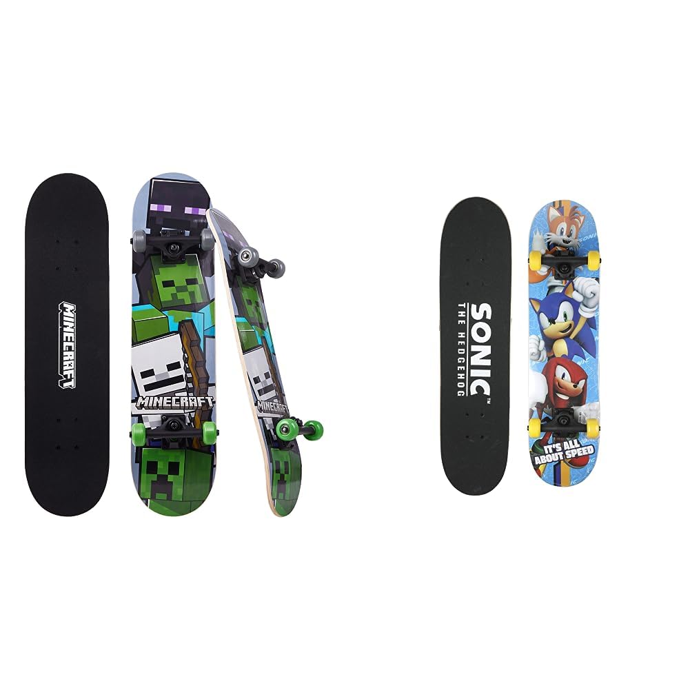 Sakar Minecraft Mob & Sonic The Hedgehog 31-Inch Complete Skateboard Bundle (2-Pack) - Perfect for Kids, Beginners & Skateboard Enthusiasts | Great for Commuting, Tricks & Outdoor Fun