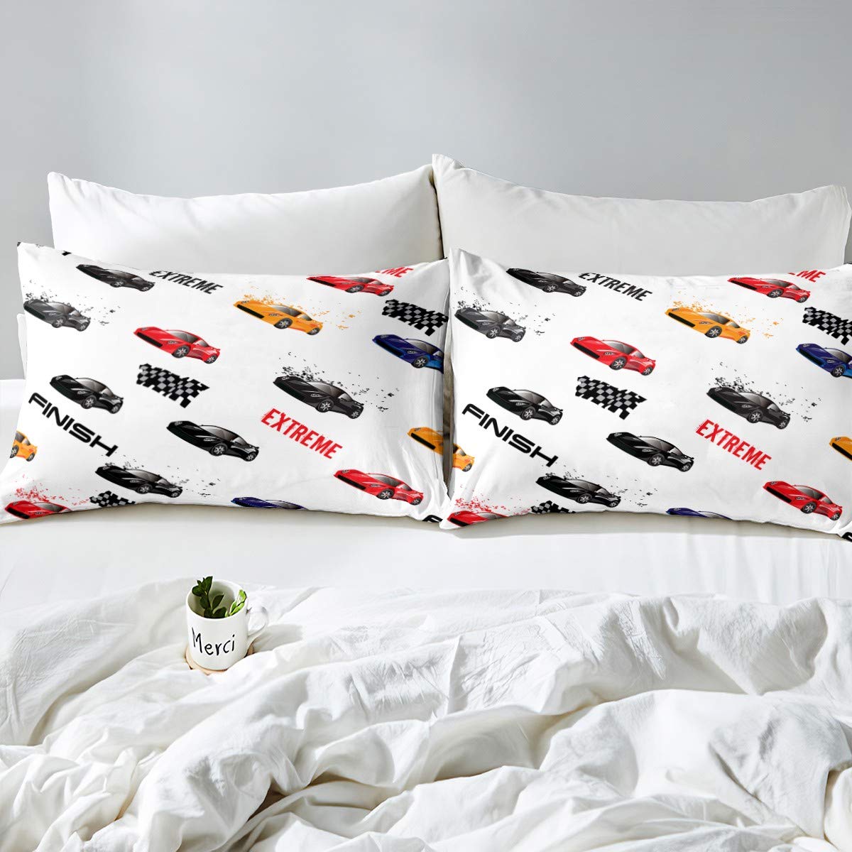 Feelyou Race Car Themed Fitted Sheet Set for Kids - Queen Size Sports Bedding with 1 Fitted Sheet & 2 Pillowcases (No Flat Sheet) | Perfect for Boys & Girls Bedrooms, Toddler Rooms, and Race Car Themed Decor
