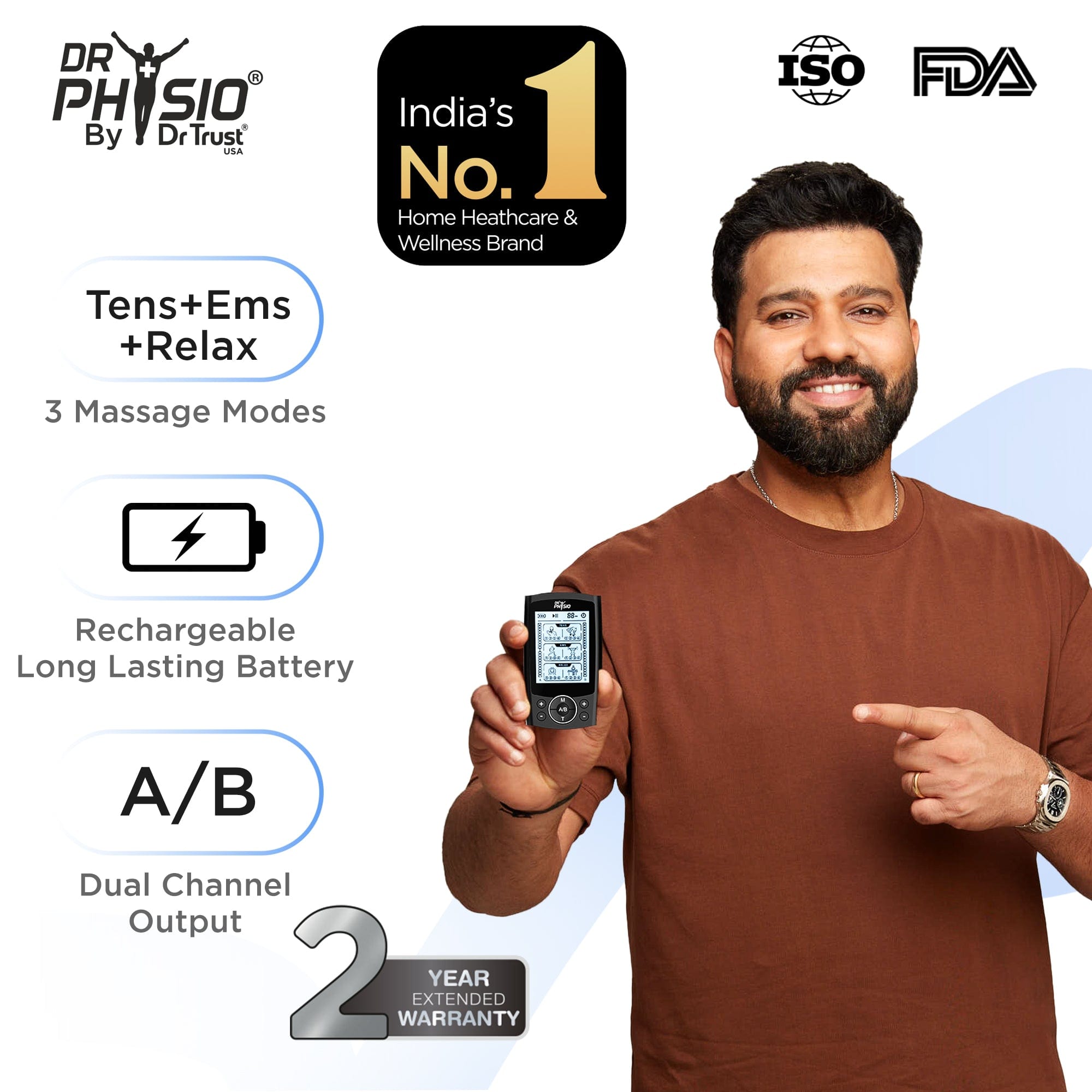 Dr Physio USA TENStar TENS EMS Massager Machine - Rechargeable Dual Channel Pulse Stimulator for Muscle Pain Relief & Relaxation | Portable Nerve Stimulation Device for Physical Therapy, Home & Gym Use
