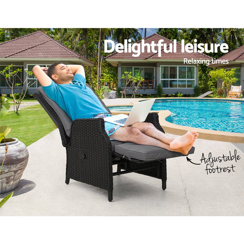 Elara Outdoor Recliner Patio Chair - Adjustable Lounge Chair with Cup Holder, Weather-Resistant Black - Perfect for Backyard, Poolside, and Garden Relaxation