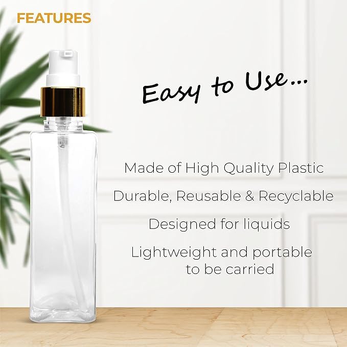 MeeTo 3-Pack Rectangular Refillable Bottle Set with Pump Dispenser, Spray Atomizer, Comb Applicator & Flip Top Cap - for Perfume, Liquids, Shampoo, Body Soap - Travel, Salon & Home Use