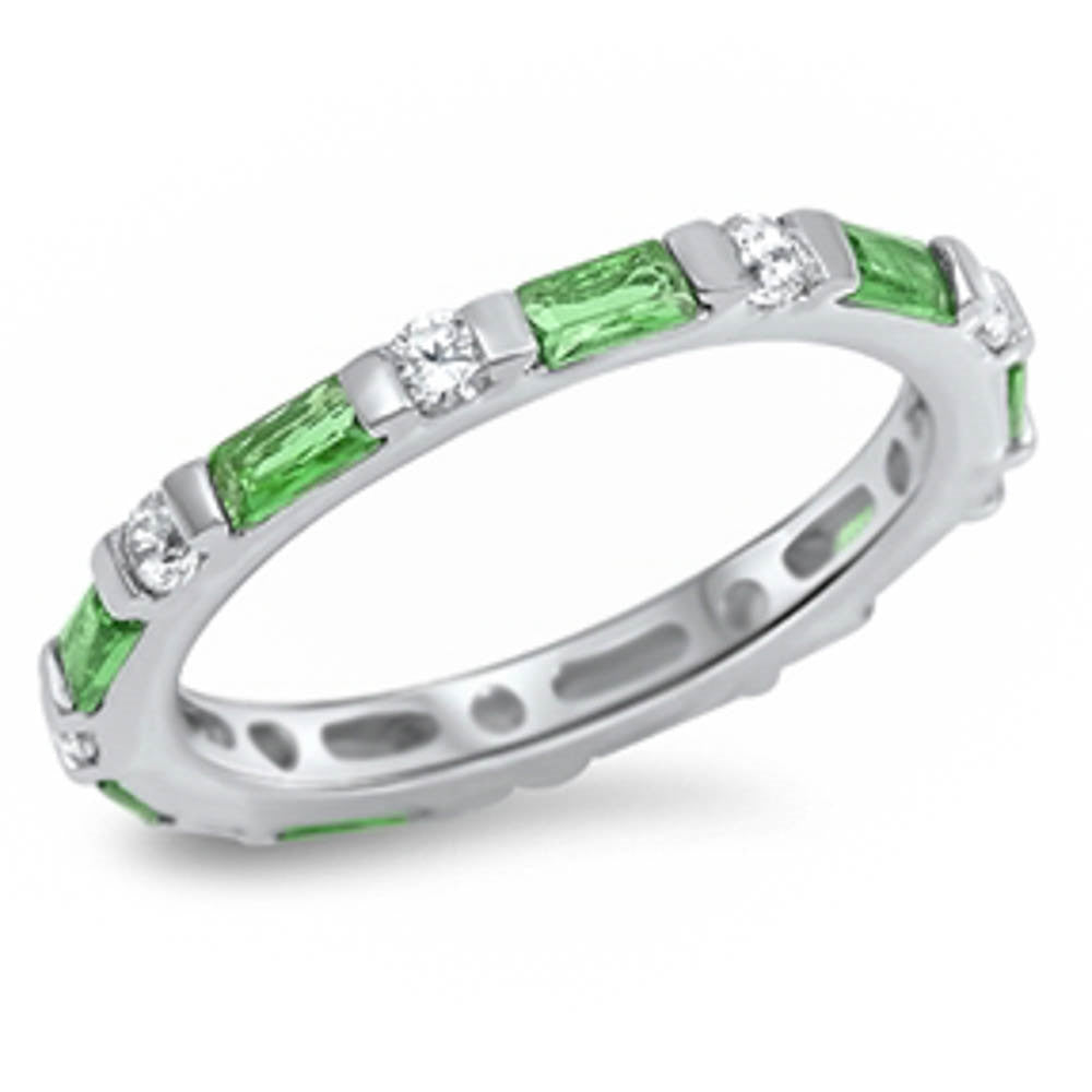 3mm Full Eternity Stackable Band Ring - Alternating Baguette Emerald Green & Round Clear CZ Stones - Size 5-10 - Perfect for Wedding, Engagement, Anniversary Gifts & Everyday Stackable Jewelry