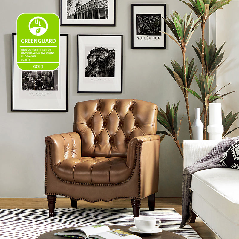 Premium Genuine Leather Armchair - Handcrafted Modern Lounge Chair for Living Room, Office & Study - Brown Leather Recliner with Solid Wood Frame - Perfect for Home Decor & Relaxation