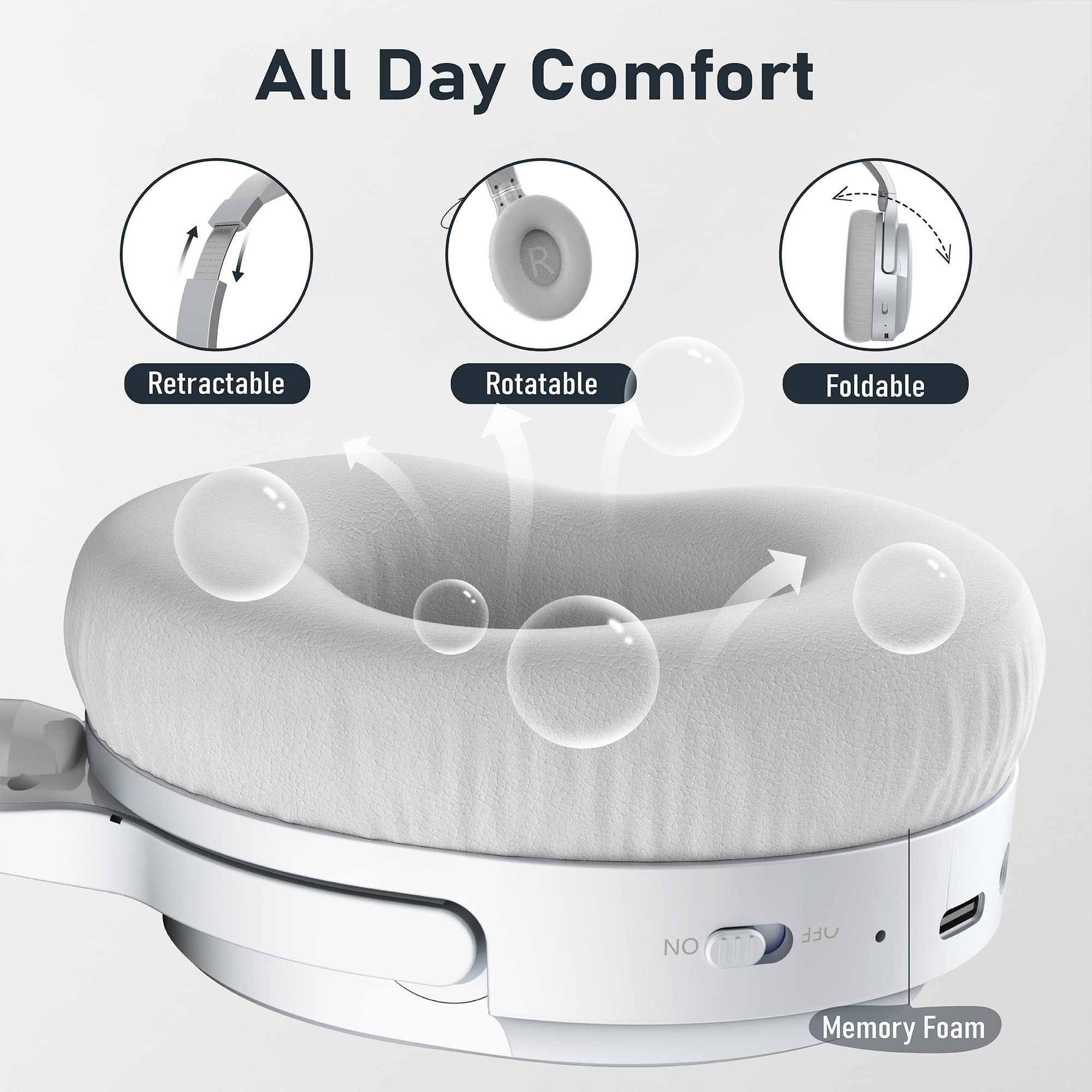 Rebocico Wireless Bluetooth Headphones with Active Noise Cancelling, 80H Playtime, Built-in Mic & Deep Bass - Over Ear Headphones for Home Office, Travel, Commuting, Gaming (Silver)