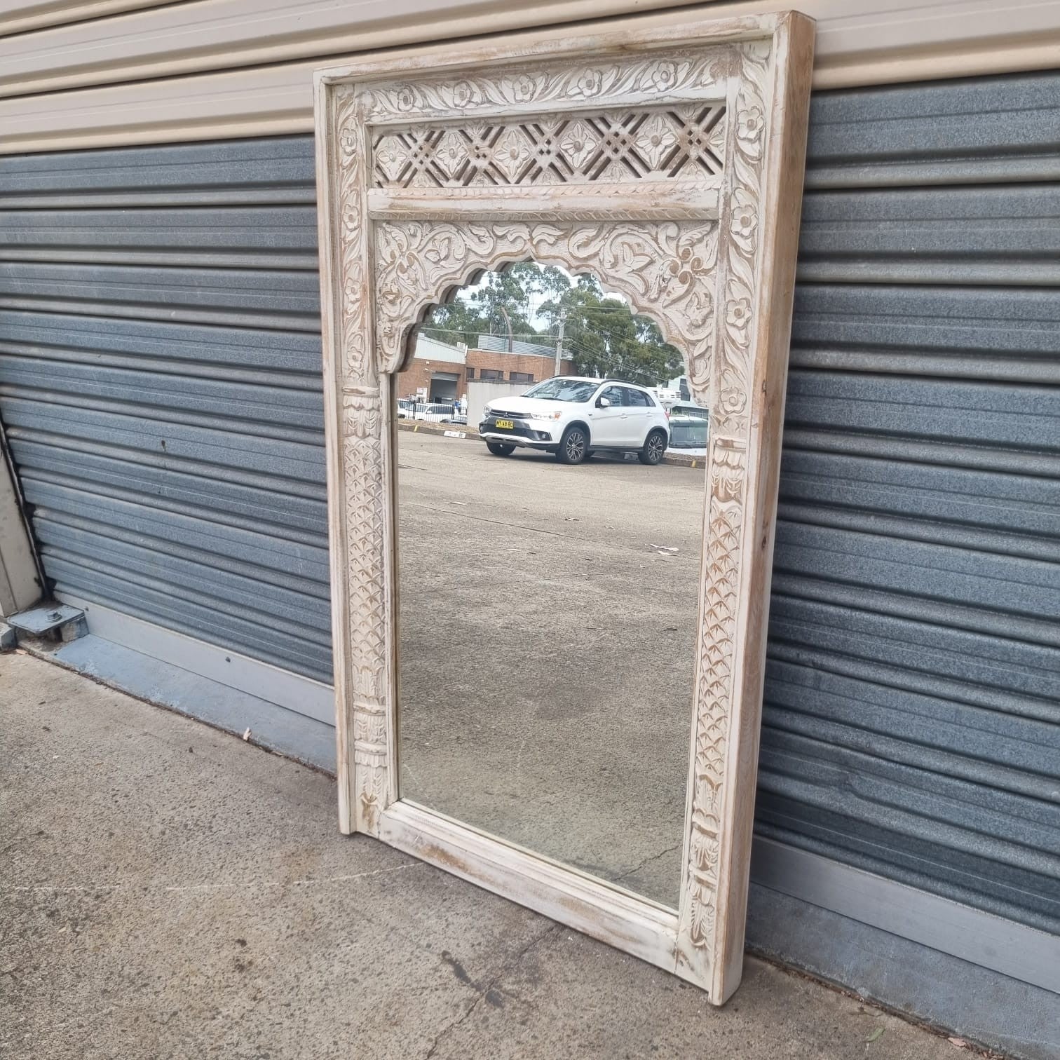 Handmade Carved Solid Wood Indian Furniture Mirror Frame - Rustic White Finish - 59
