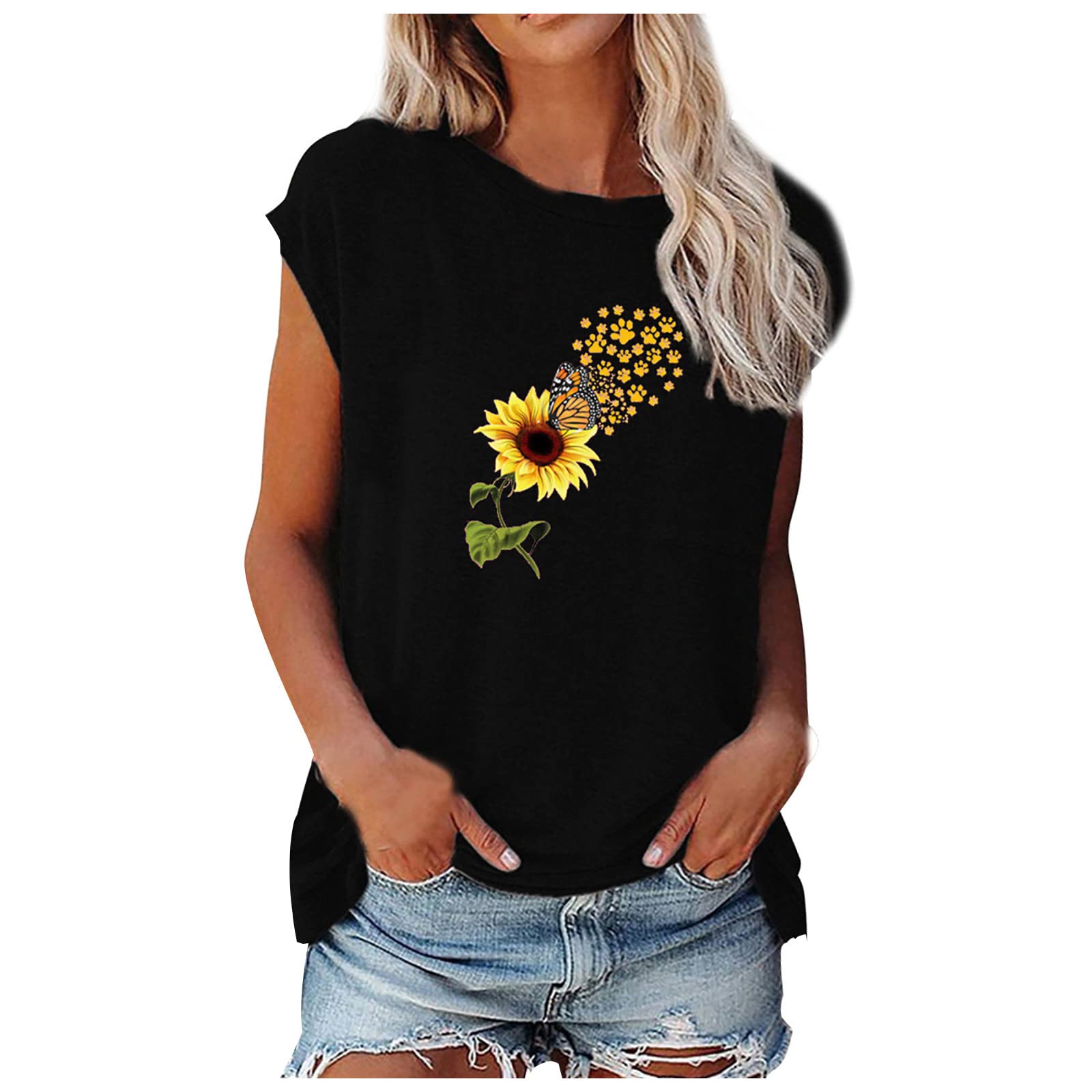 Women's Floral Cap Sleeve Crewneck T-Shirts - Summer Casual Blouse & Trendy Tee Shirts for Women | Perfect for Office Wear, Weekend Outings & Summer Vacations