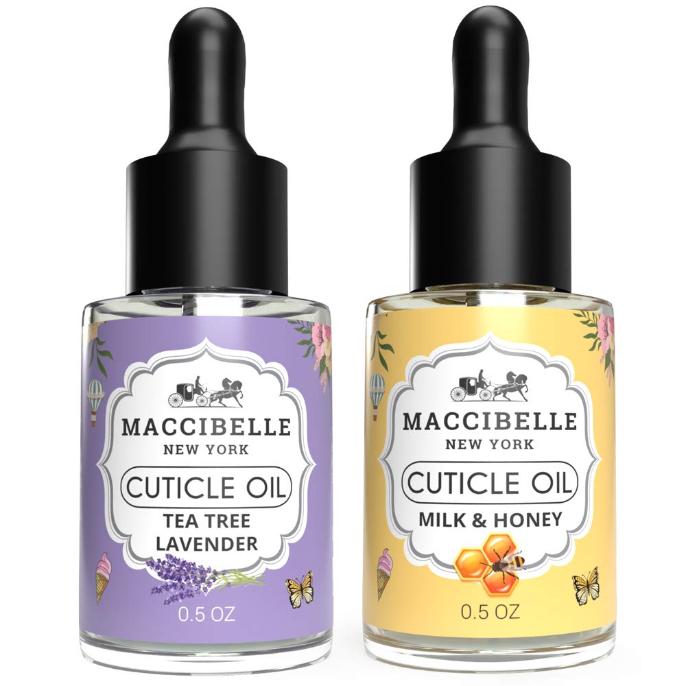 Maccibelle Cuticle Oil 0.5 oz - Set of 2 (Tea Tree Lavender + Milk & Honey) - Moisturizing Treatment for Dry, Cracked Cuticles & Nail Care - Perfect for Manicures, Pedicures & At-Home Nail Care Routines
