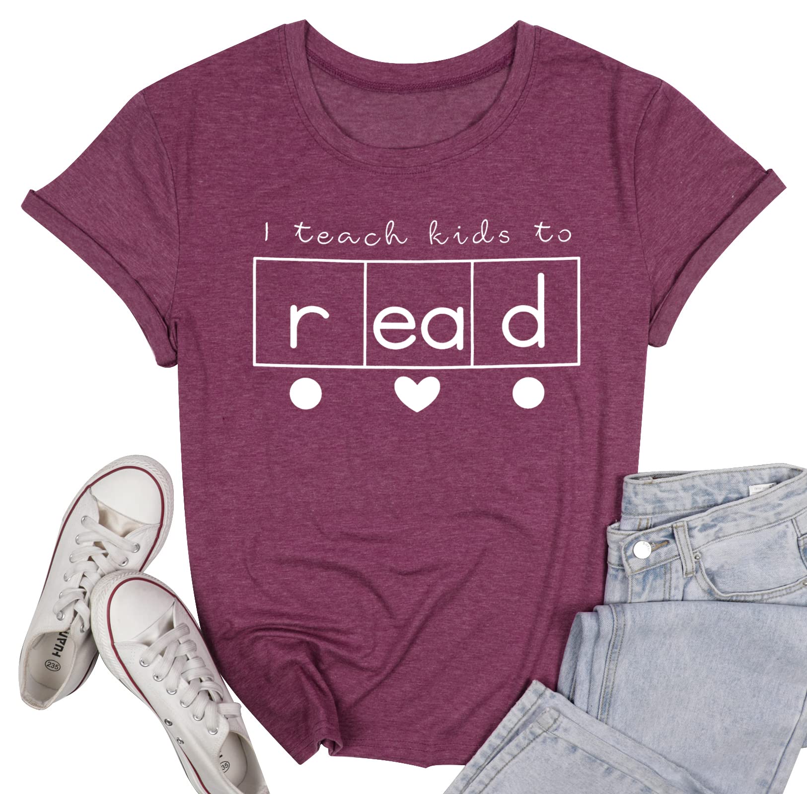Women's Teacher Shirts - Reading Book Graphic Tee with Love Heart Design | Cute Teacher Gifts | Summer Casual Short Sleeve T-Shirt | Perfect for Classroom, Teacher Appreciation Week & Back to School