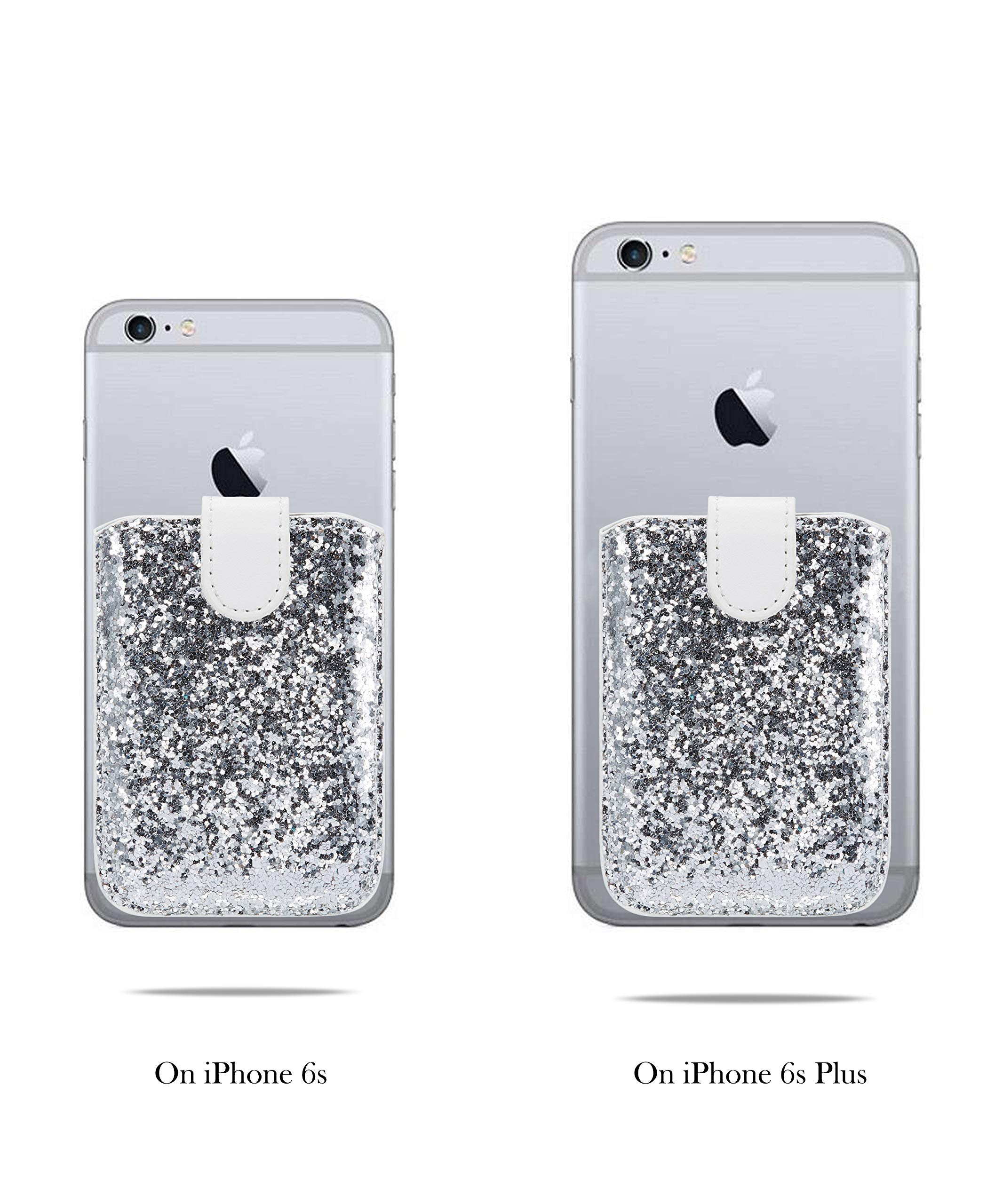Glitter 5 Cards Holder Cell Phone Pouch - RFID Blocking Stretchable Wallet with Adhesive Back for iPhone 16/15, Samsung Galaxy S24 Ultra/Note 20, A55/A74 - Perfect for Hands-Free Shopping, Travel & Daily Commute (White)
