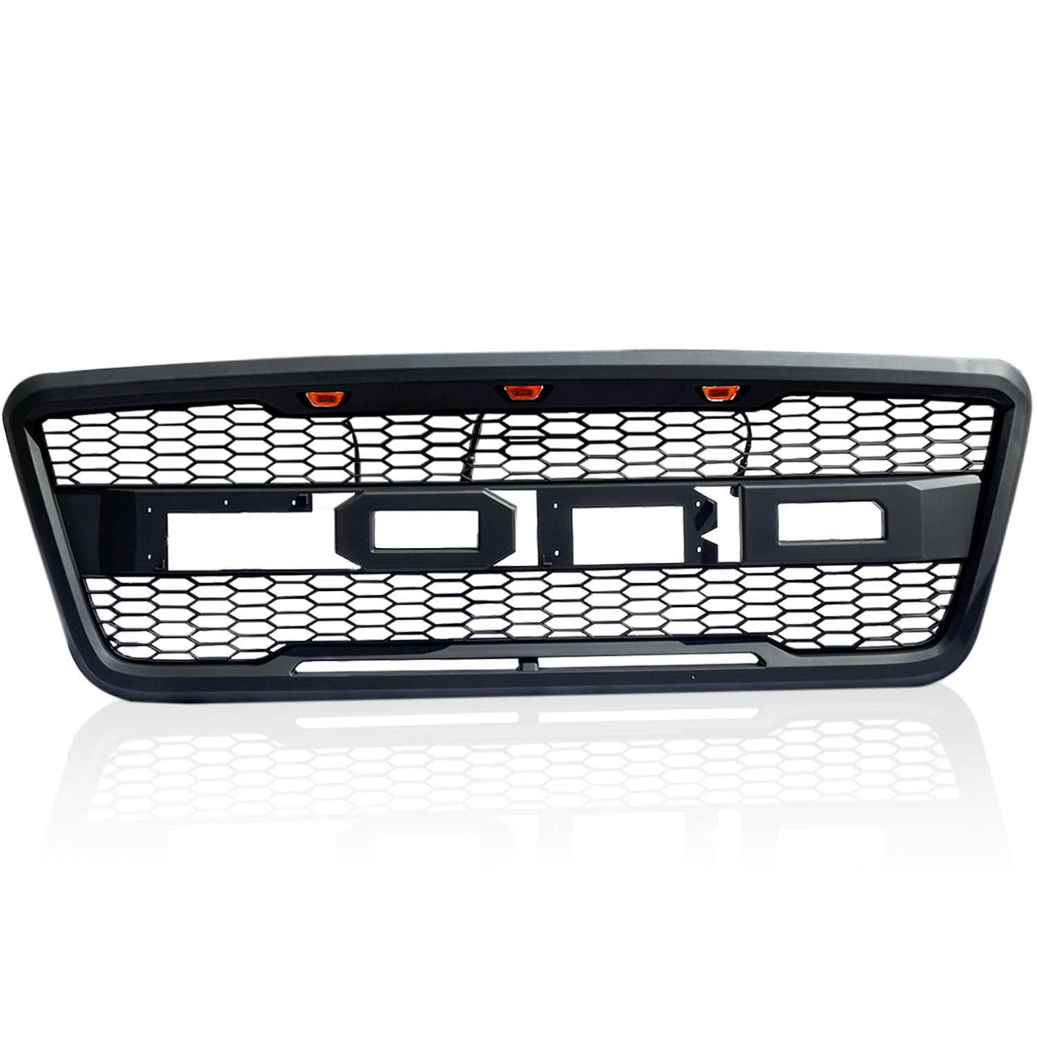 Ford F150 Front Grille Replacement 2004-2008 | Raptor Style Mesh Grill with 3 Amber LED Lights | Matte Black | Perfect for Off-Roading & Truck Customization
