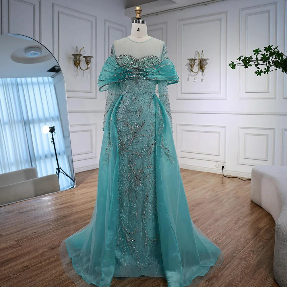 Elegant Navy Blue Long Sleeve Evening Gown with Detachable Overskirt LA72841 - Perfect for Formal Events, Prom Dresses & Wedding Guest Outfits