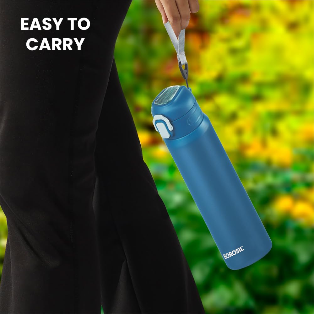Borosil Aquasport 800ml Stainless Steel Insulated Water Bottle - 10 Hours Hot & Cold Retention, Double Wall Vacuum Insulated Flask for Office, Gym, School, Hiking & Outdoor Activities - 1 Year Warranty (Blue)