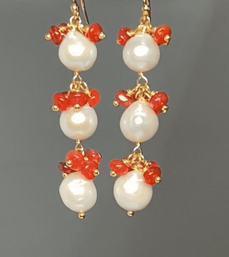 Exquisite Pearl & Red Ethiopian Opal Dangle Earrings in 14K Gold - Perfect for Weddings, Parties & Special Occasions