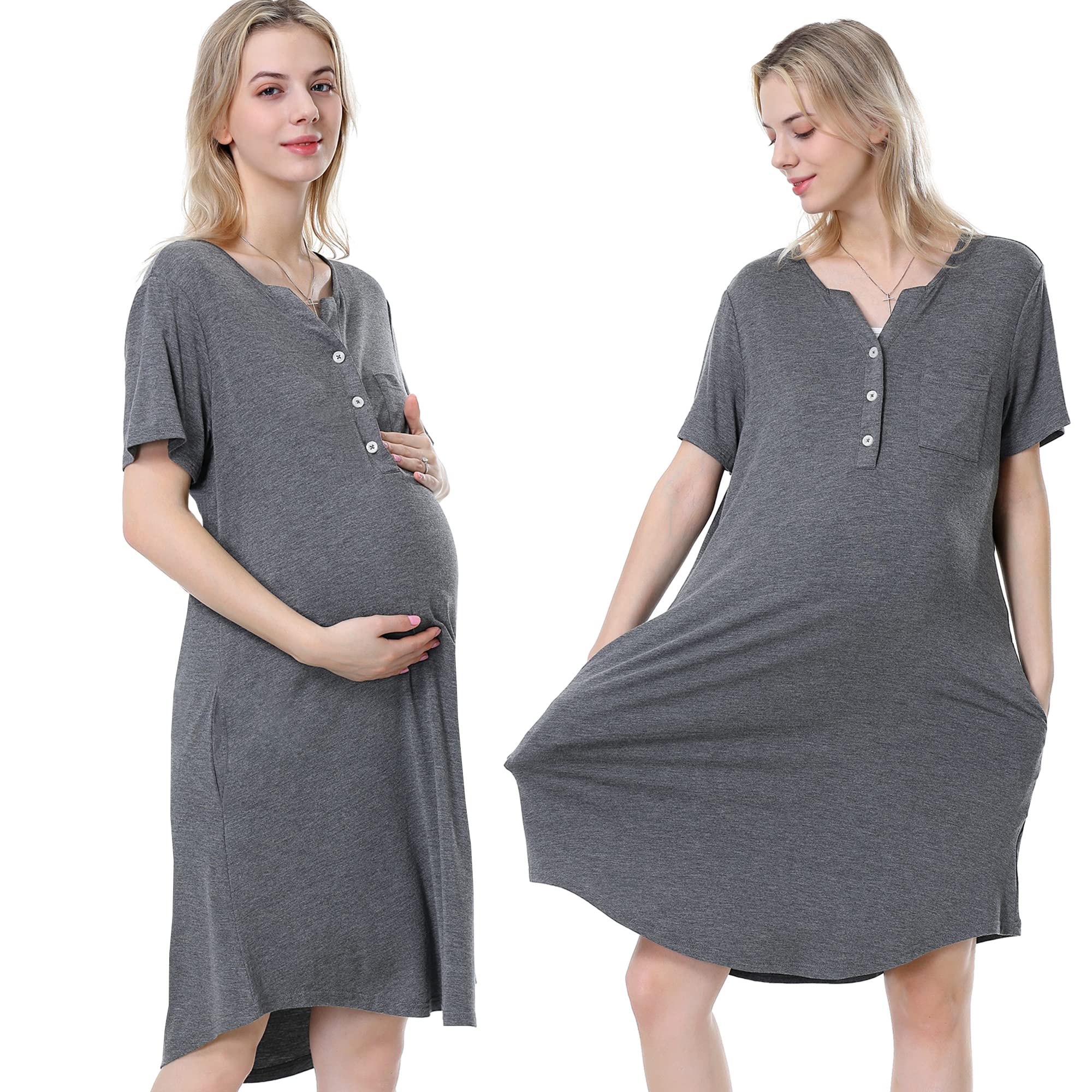 Owlivia Women's Short Sleeve Nursing Nightgown - V-Neck Button Down Maternity Sleep Dress & Boyfriend Nightshirt (Sizes S-XXL) | Comfortable Breastfeeding Pajamas for New Moms, Postpartum Recovery & Cozy Lounging at Home