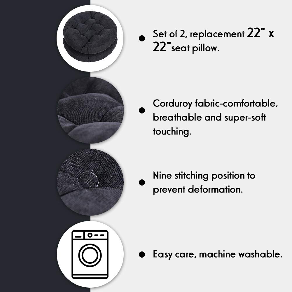 Tiita Round Seat Cushion Set of 2 - 22 Inch Hanging Chair & Floor Cushions - Indoor/Outdoor Throw Pillows (Black, 22x22x4 Inches) - Perfect for Patio, Garden, Living Room & Hammock Relaxation