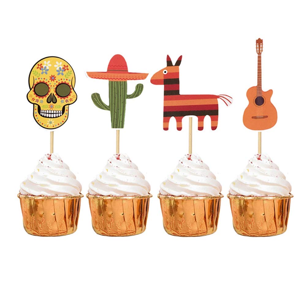 LUOEM 8pcs Mexican Fiesta Cake Toppers Set - Cactus & Guitar Cupcake Decorations for Birthday, Wedding, Day of The Dead & Halloween Parties | Perfect for Tropical, Hawaiian & Fiesta Theme Celebrations