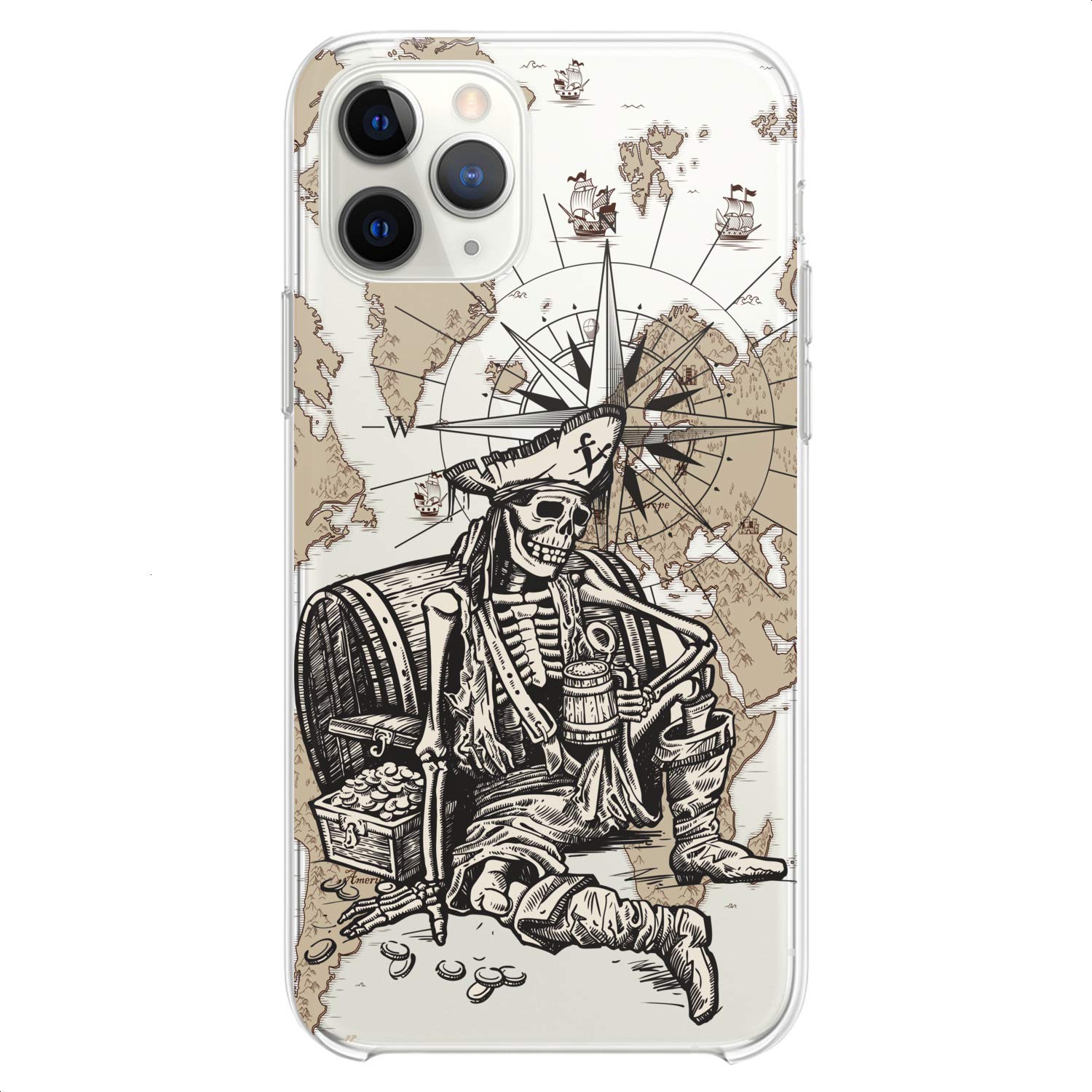 Premium TPU Phone Case for iPhone 16/15/14/13/12/11 Pro Max/Plus/Mini/XS/XR/X/8+/7/6/5/SE - Pirate Ghost Ocean Themed Clear Silicone Cover with Sea Map Print - Slim Flexible Protective Case for Travel & Adventure