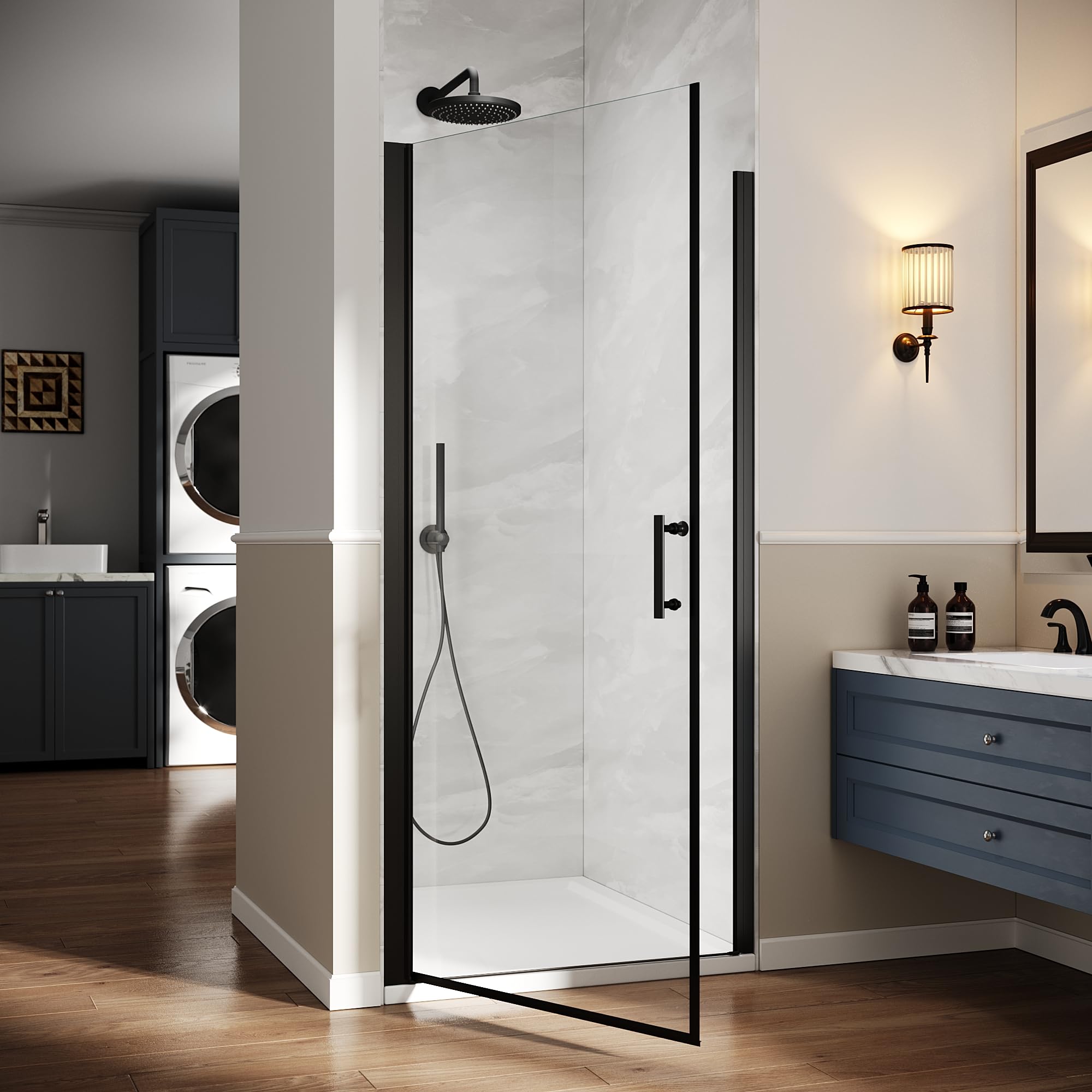Frameless Matte Black Pivot Shower Door - 34