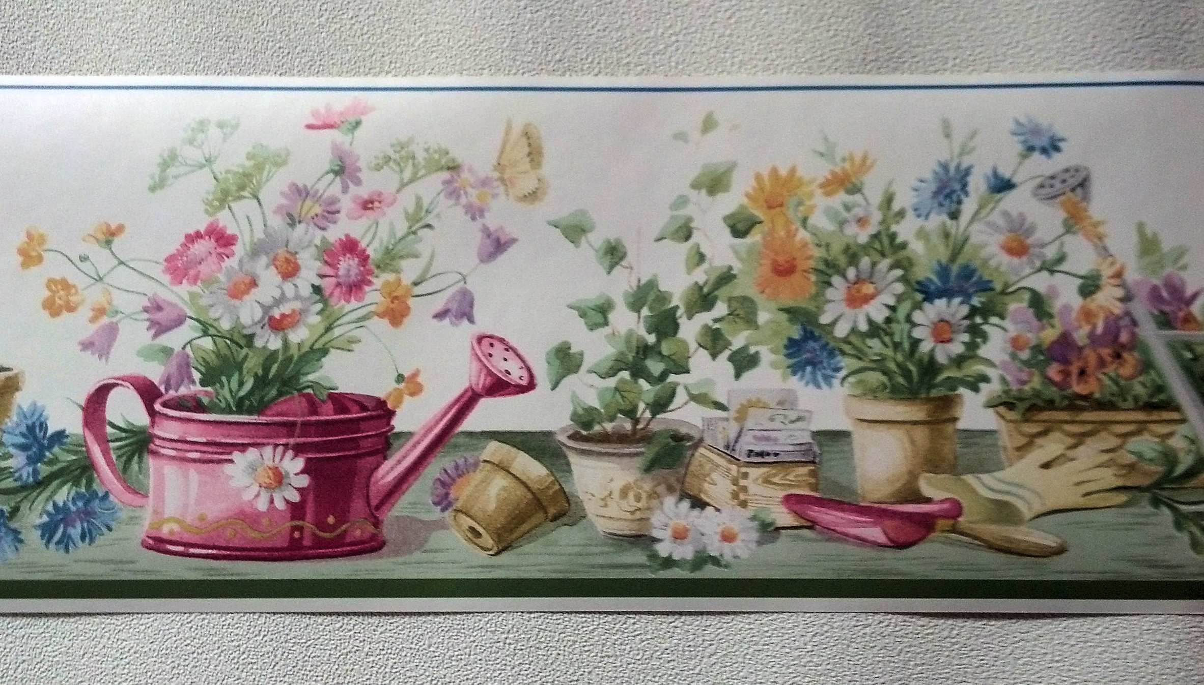 Green Gardening Flowers Watering Can Wallpaper Border - Decorative Home Wall Stickers for Kitchen, Bathroom & Nursery Decor
