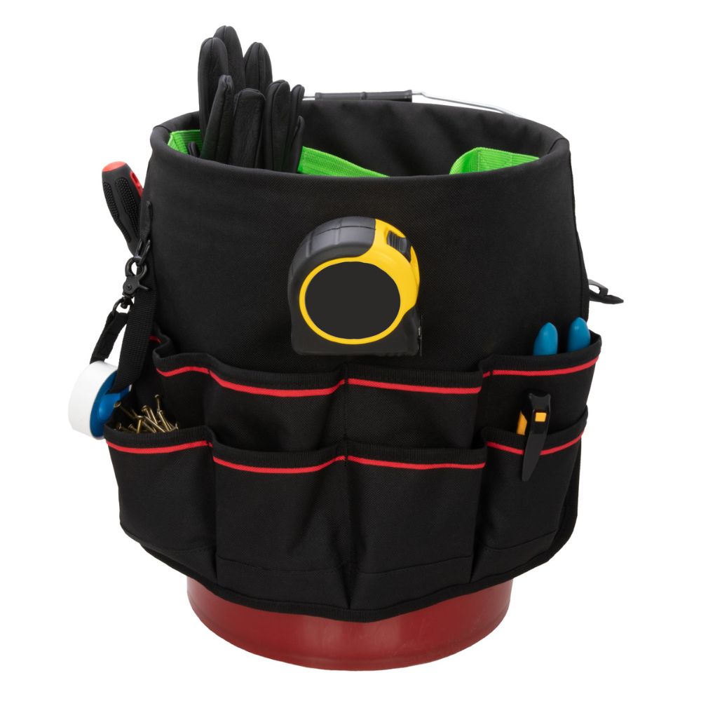 212 Performance BKO29 05 29 5-Gallon Pocket Bucket Tool Organizer - Black, Green, Red - Perfect for Construction, Gardening & Workshop Organization