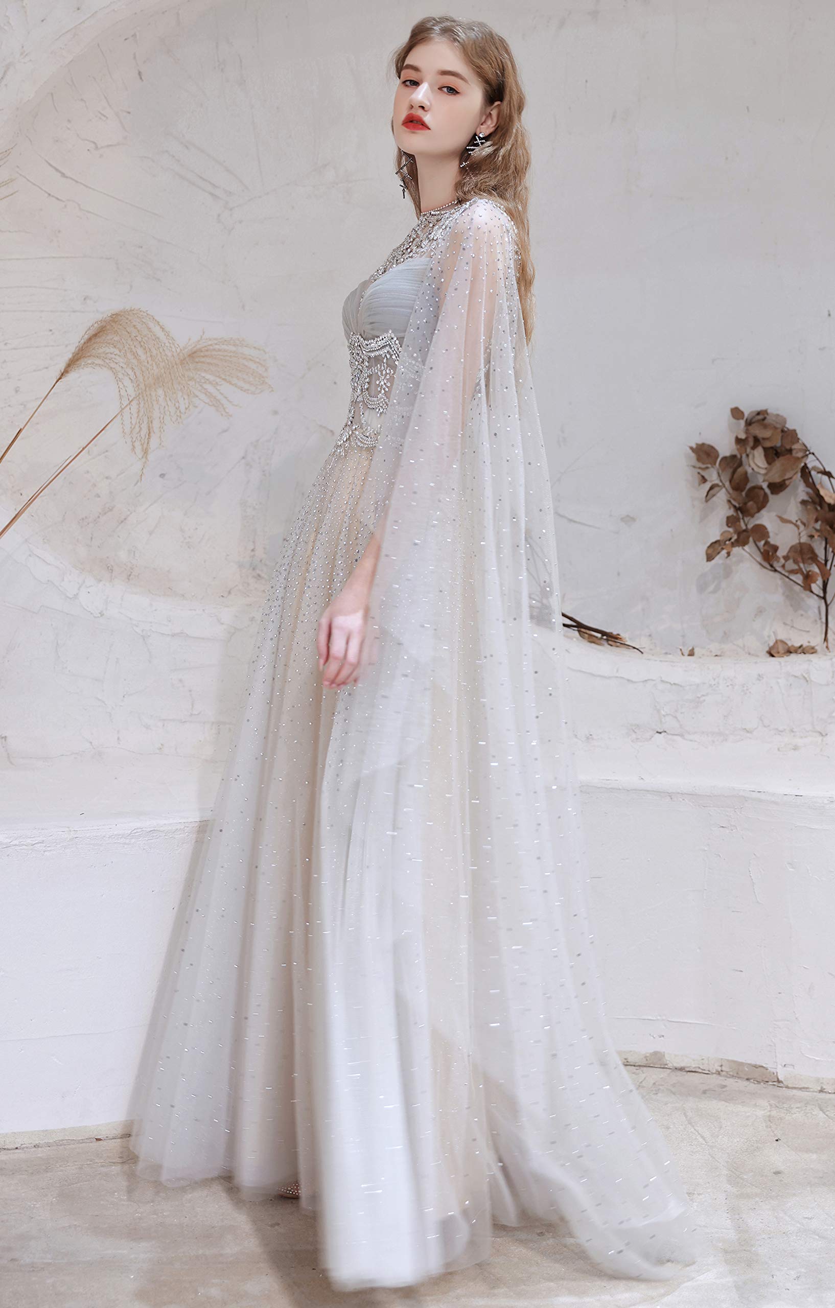 Elegant Women's A-Line Beaded Sequins Tulle Evening Gown with Detachable Shawl - Perfect for Prom, Wedding Guest, Cocktail Party & Formal Occasions